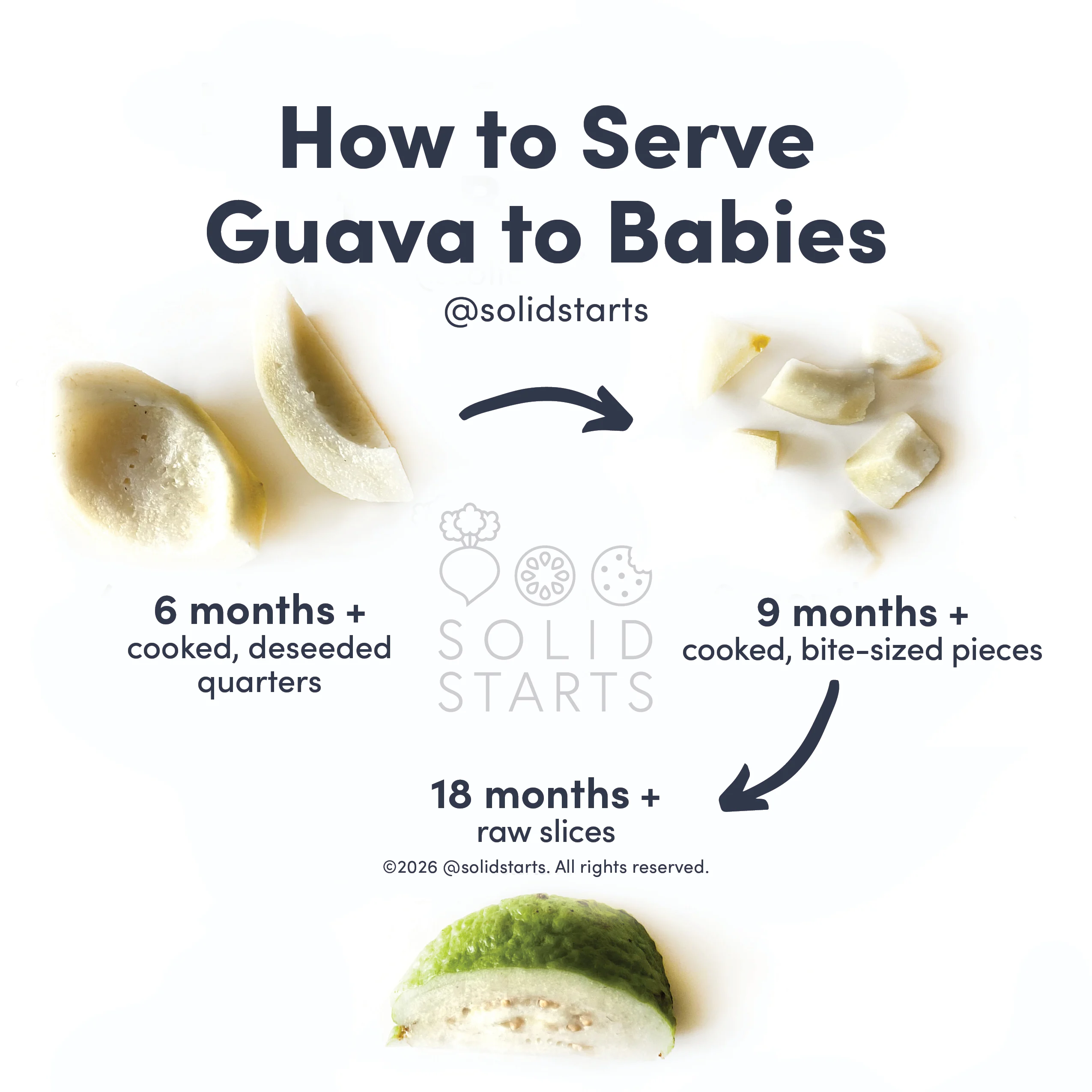 infographic showing how to prepare firm guavas for babies: cooked, peeled, deseeded quarters for 6 months +, cooked bite-size pieces for 9 months +, and raw slices, peeled or unpeeled, for 18 months +