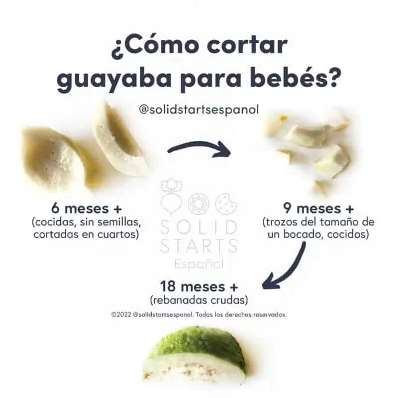 infographic showing how to prepare firm guavas for babies: cooked, peeled, deseeded quarters for 6 months +, cooked bite-size pieces for 9 months +, and raw slices, peeled or unpeeled, for 18 months +