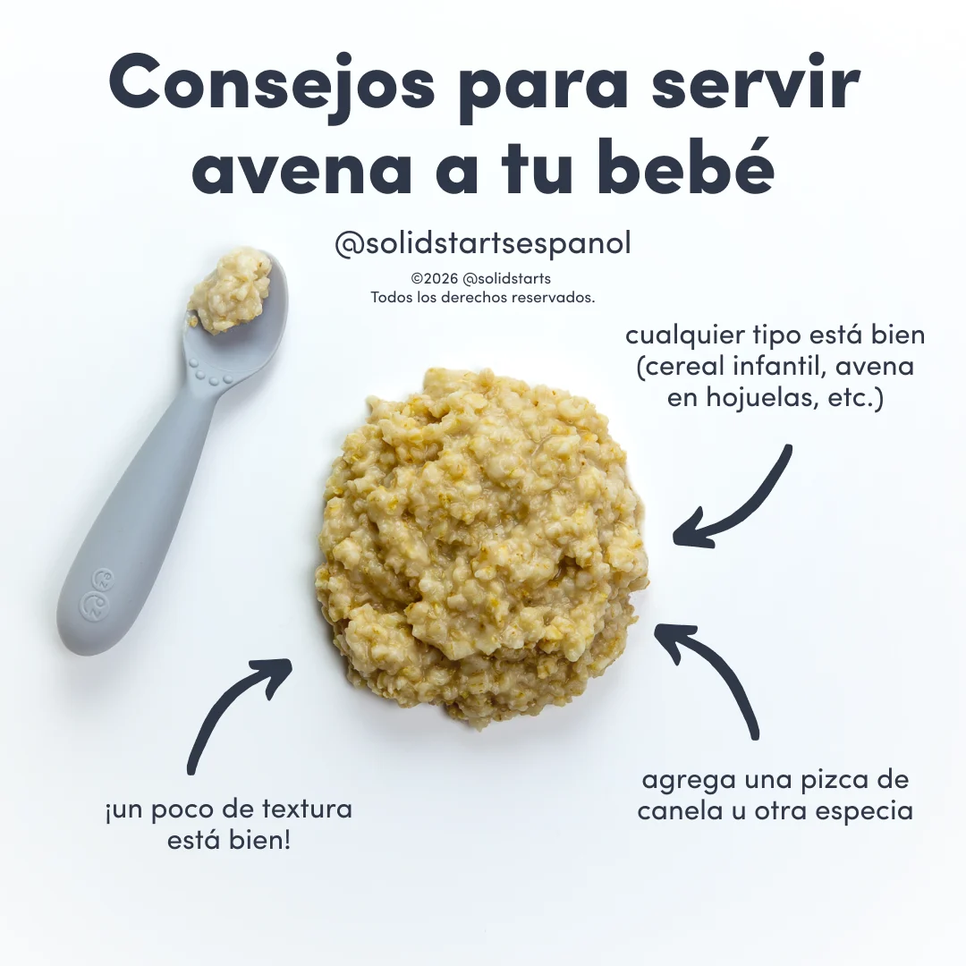a Solid Starts infographic with the header Tips for Serving Oatmeal to Babies: a little texture is fine, add a sprinkle of cinnamon or other spice, any type is fine (infant cereal, rolled oats, etc)