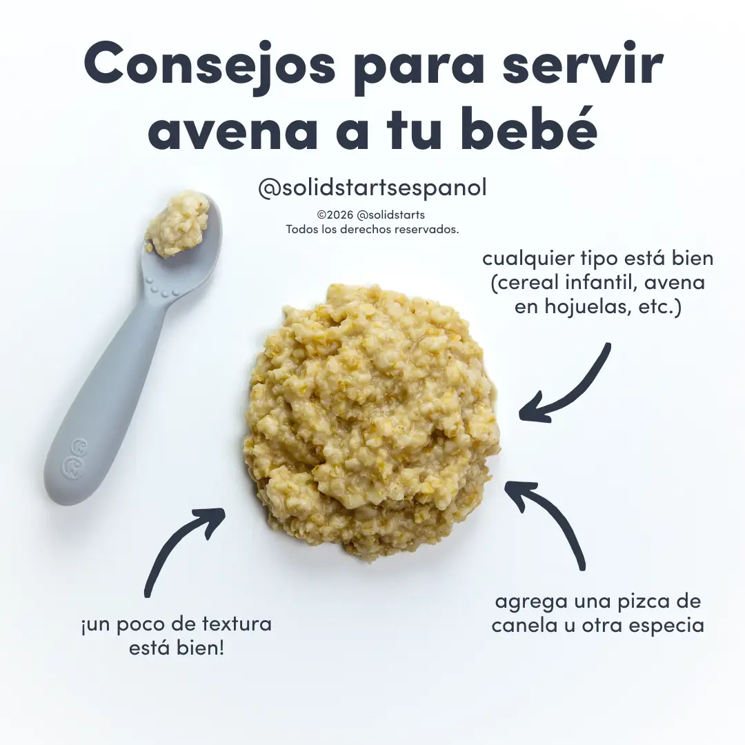 a Solid Starts infographic with the header Tips for Serving Oatmeal to Babies: a little texture is fine, add a sprinkle of cinnamon or other spice, any type is fine (infant cereal, rolled oats, etc)