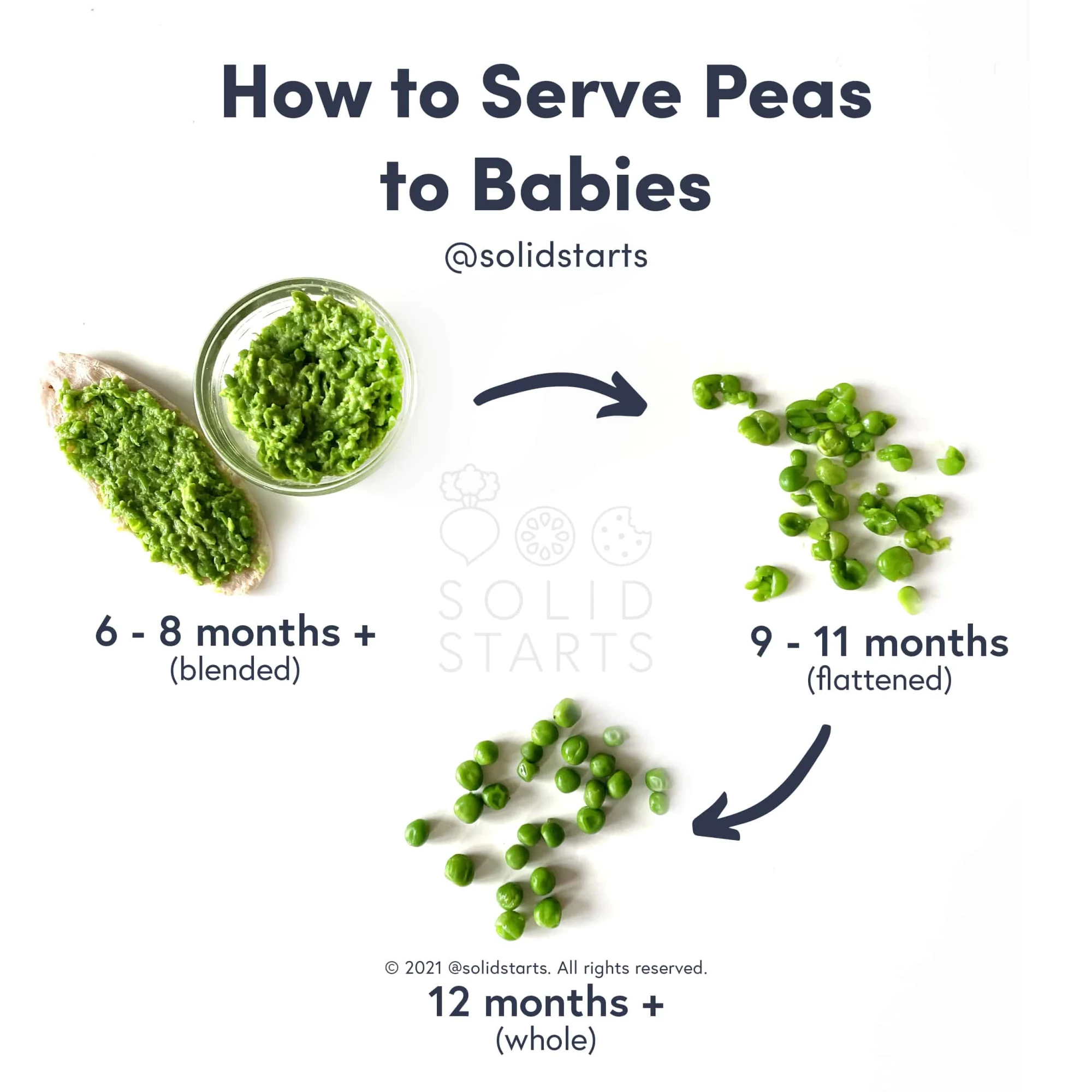 infographic showing how to offer peas to babies by age: blended into a mash for babies 6-8 months, flattened whole peas for babies 9-11 months, and whole peas for toddlers 12 months and older