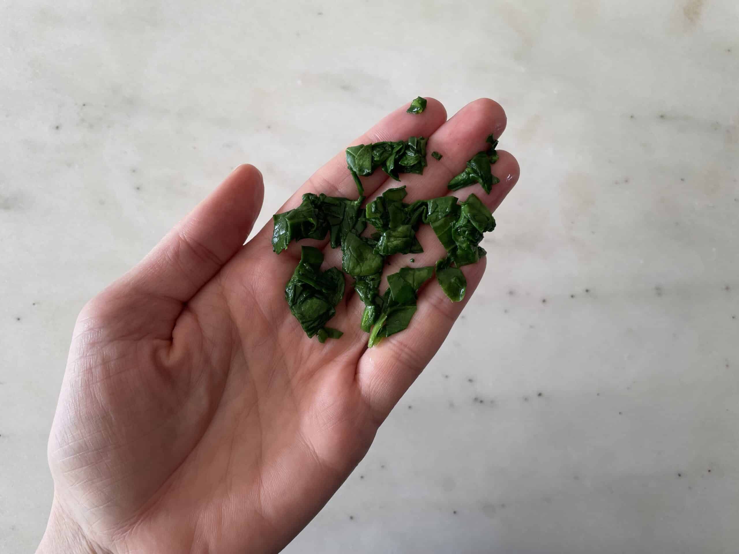 a hand holding cooked, minced pieces of spinach for babies starting solids