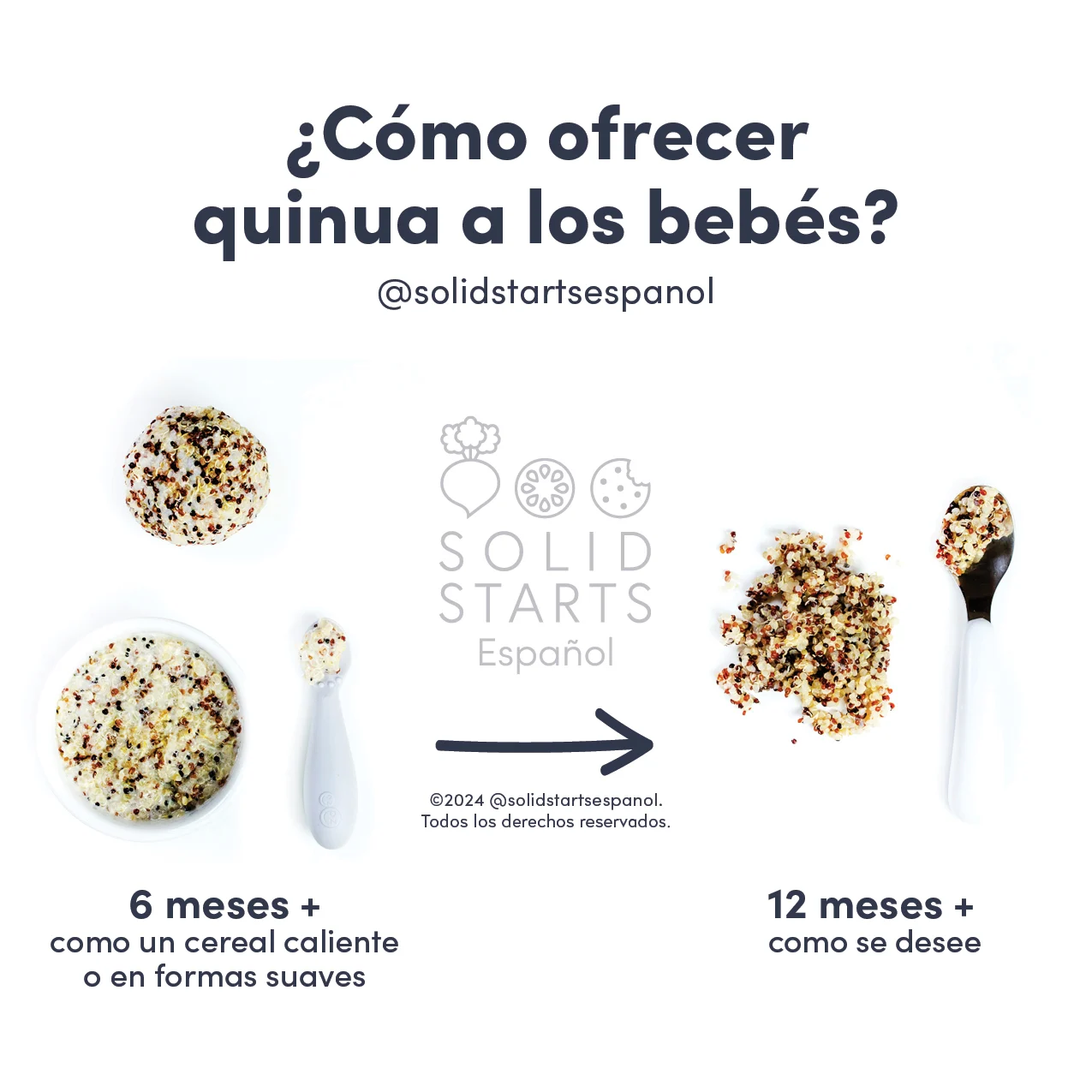 a Solid Starts infographic with the header How to Serve Quinoa to Babies: as porridge or large, soft shapes for 6 mos +, as desired for 12 mos+