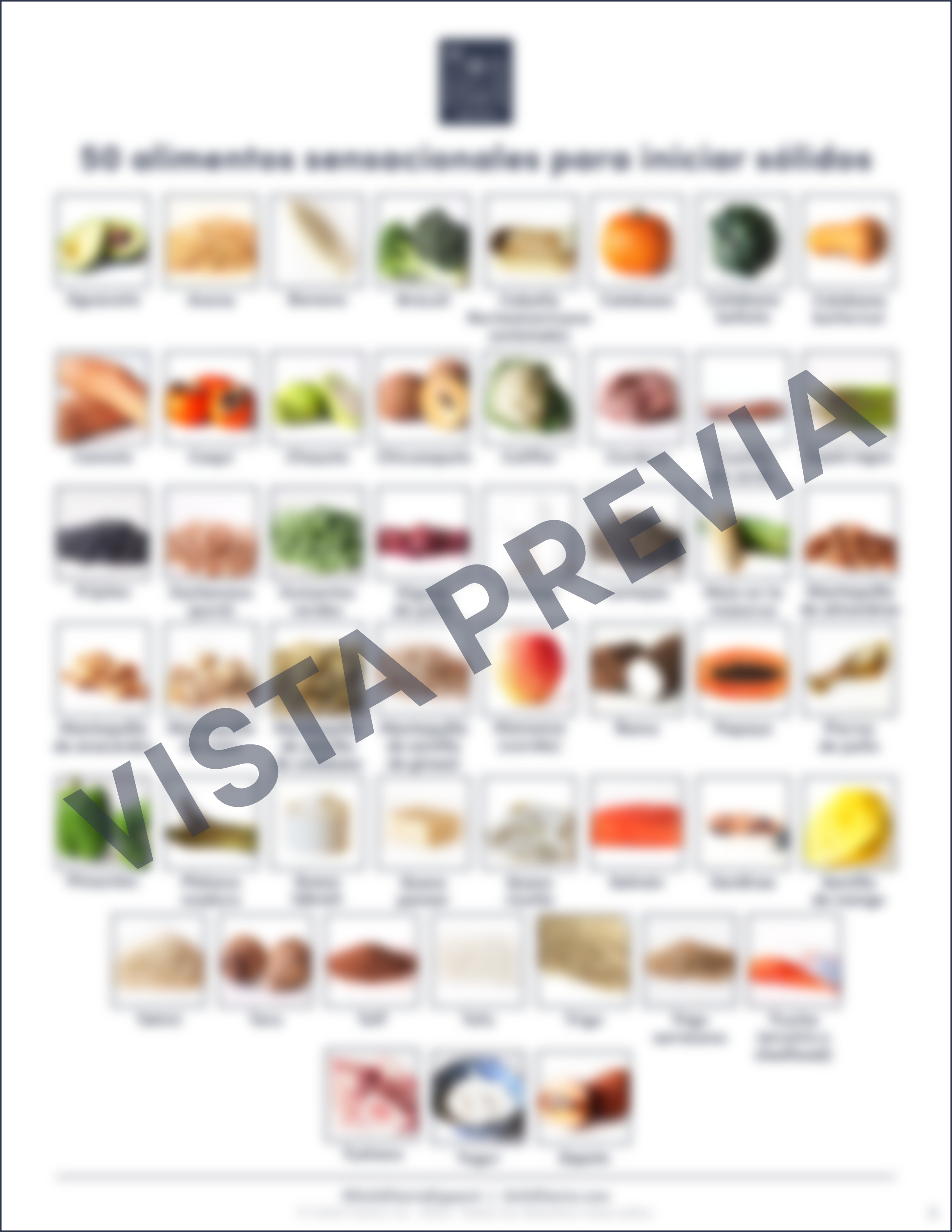 a blurred image of a grid of 50 foods for babies starting solids