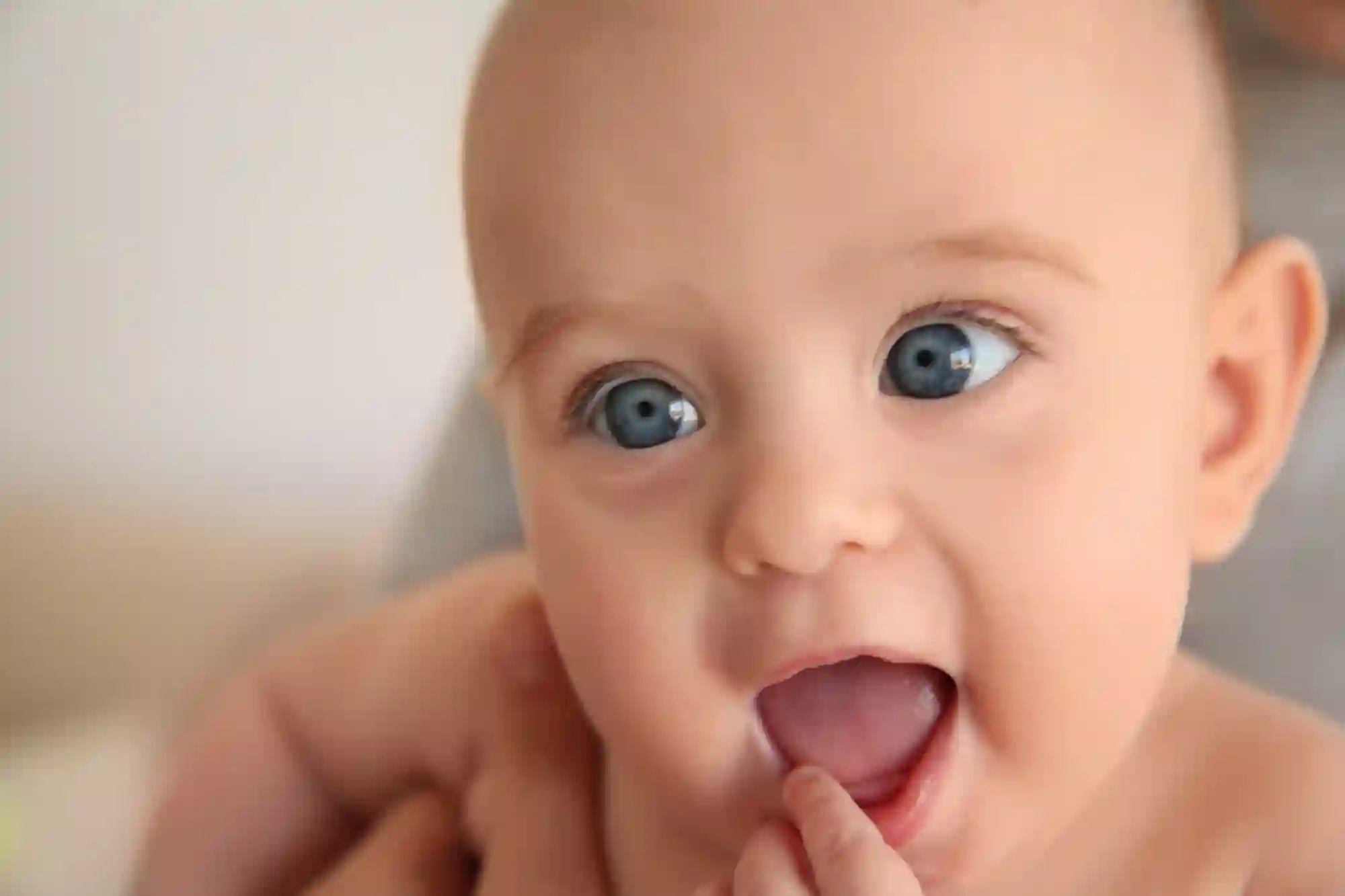 Close up View of Baby with Finger in Mouth A close-up of a wide-eyed baby with bright blue eyes and mouth open, with an adult's finger touching their lower lip, against a soft blurred background.