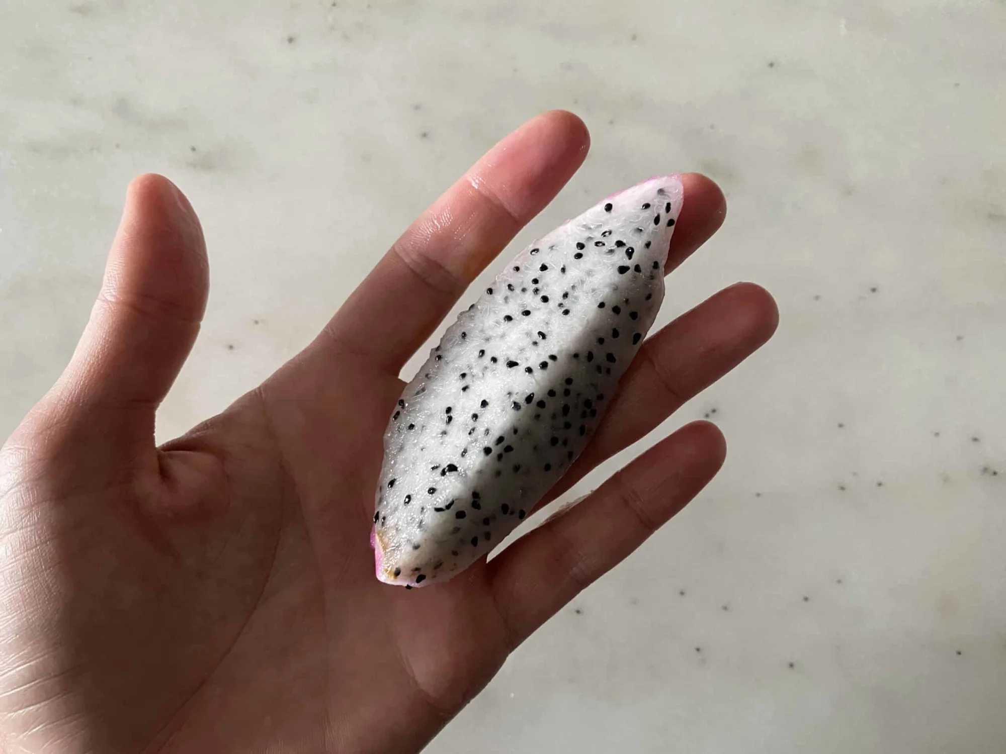 a hand holding a large spear of dragon fruit for babies 6 months+