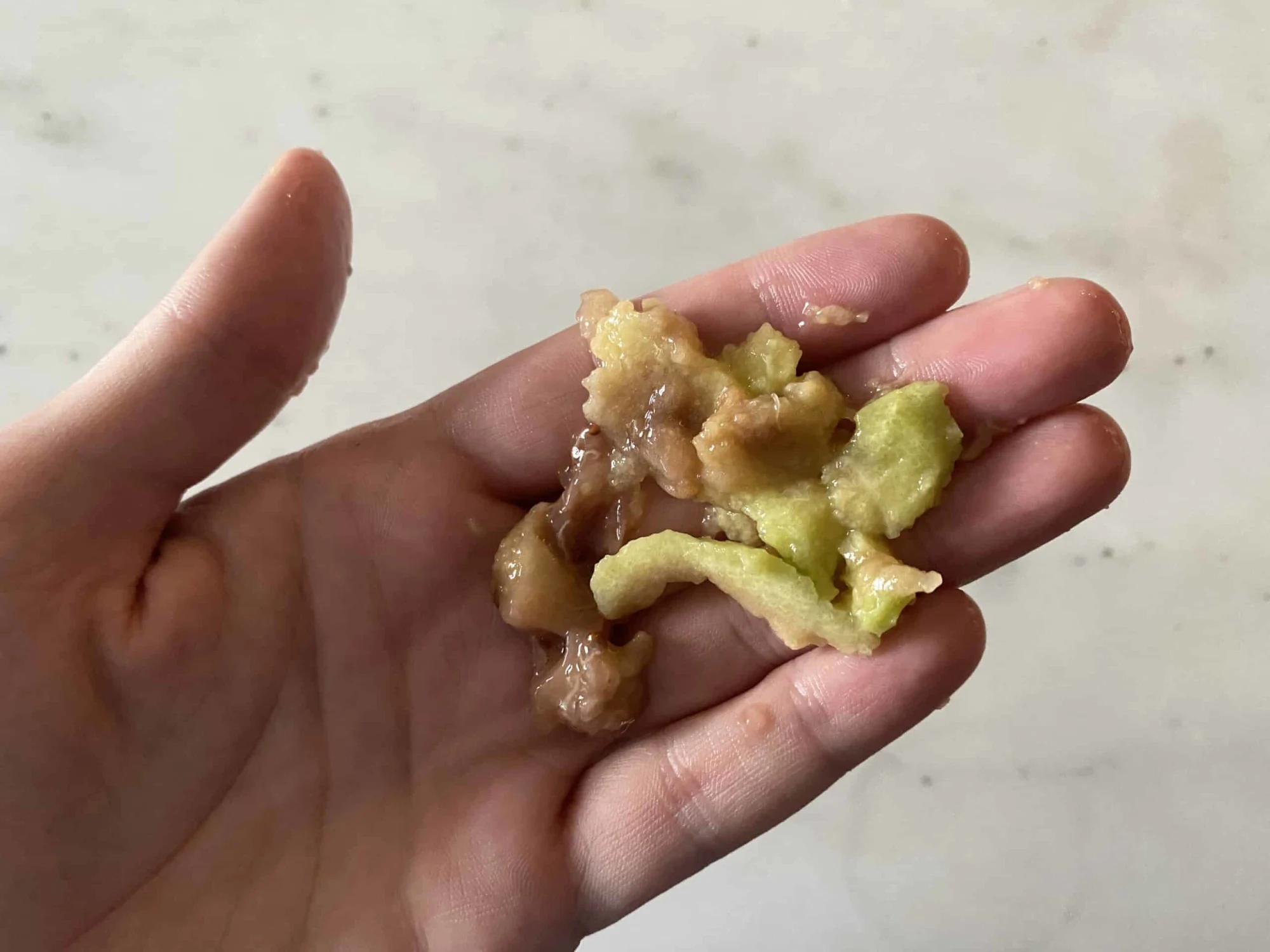 mashed feijoa in the palm of an adult hand for babies