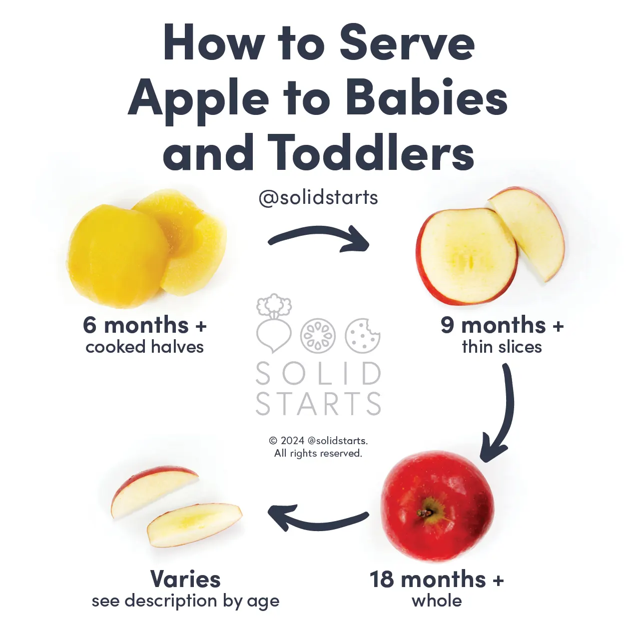 an infographic showing how to serve apple to babies and toddlers: cooked halves for 6 months+, thin slices for 9 months+, a whole raw apple for 18 months+, and raw and quartered for 24 months+