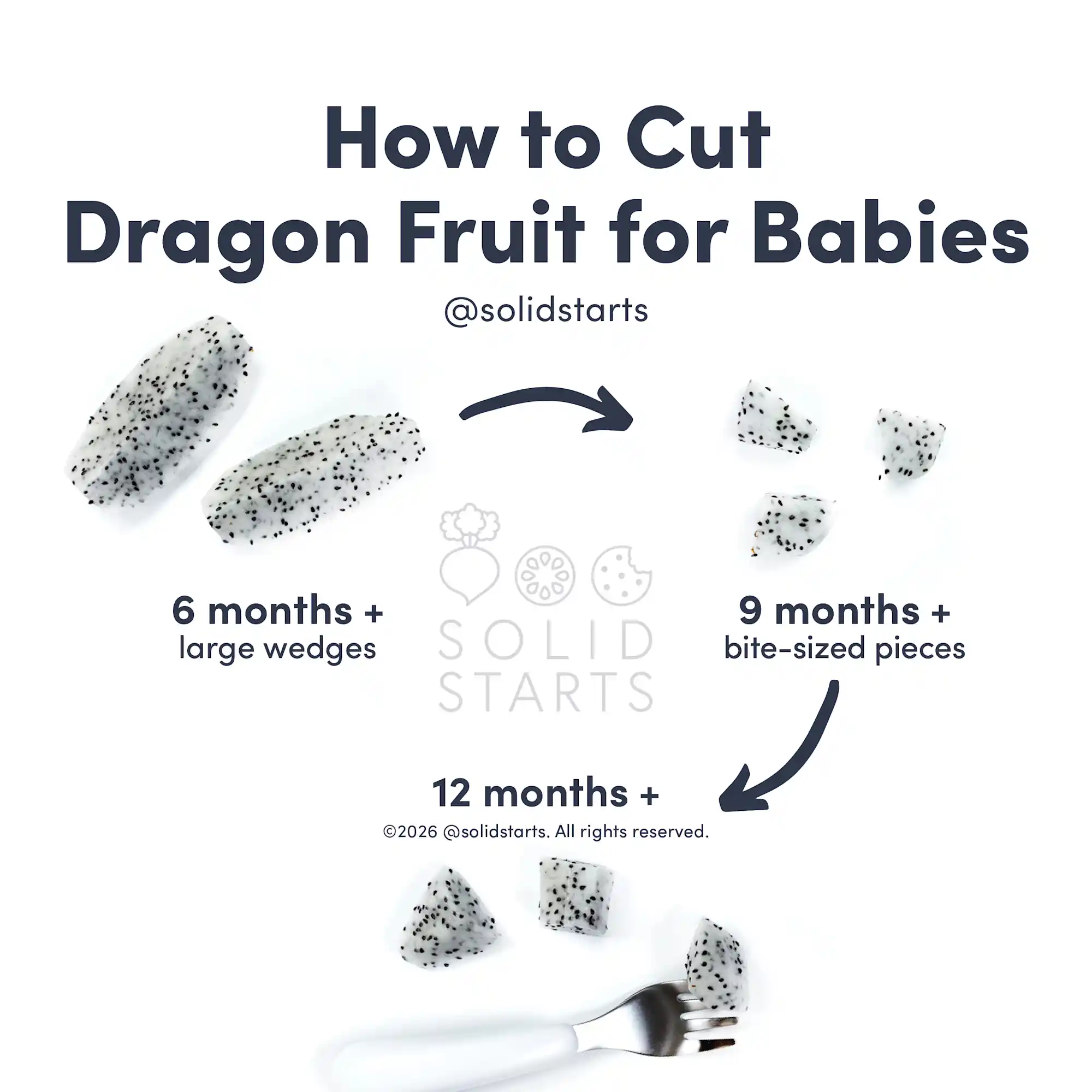 a Solid Starts infographic with the header How to Cut Dragon Fruit for Babies: large wedges for 6 months+, bite-sized pieces for 9 months+, and bite-sized pieces with a fork for 12 months+
