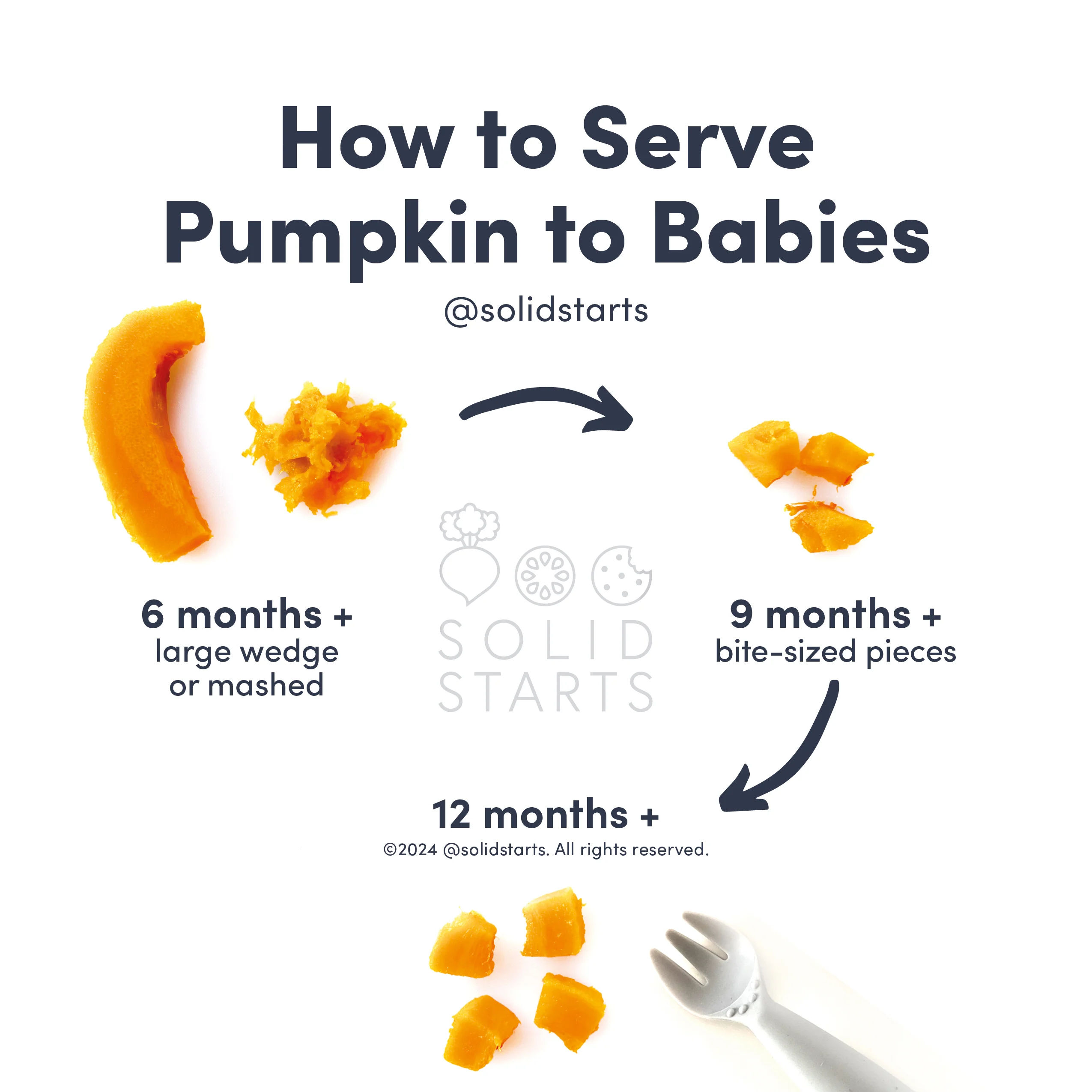 a Solid Starts infographic with the header How to Serve Pumpkin to Babies: large wedge or mashed for 6 mos+, bite-sized pieces for 9 mos+, bite-sized with a fork for 12 mos+