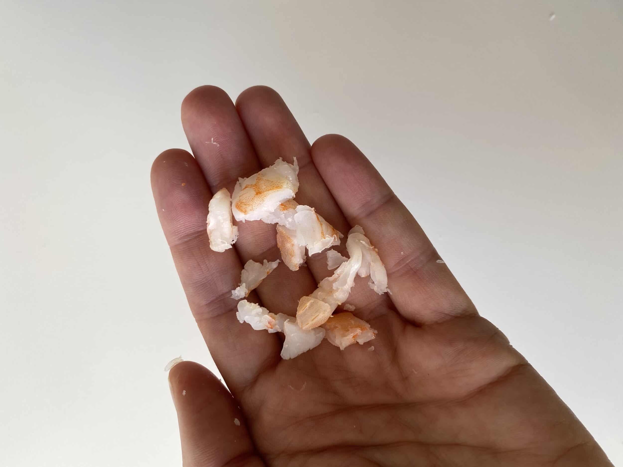 bite size pieces of shrimp in small torn shapes in a hand