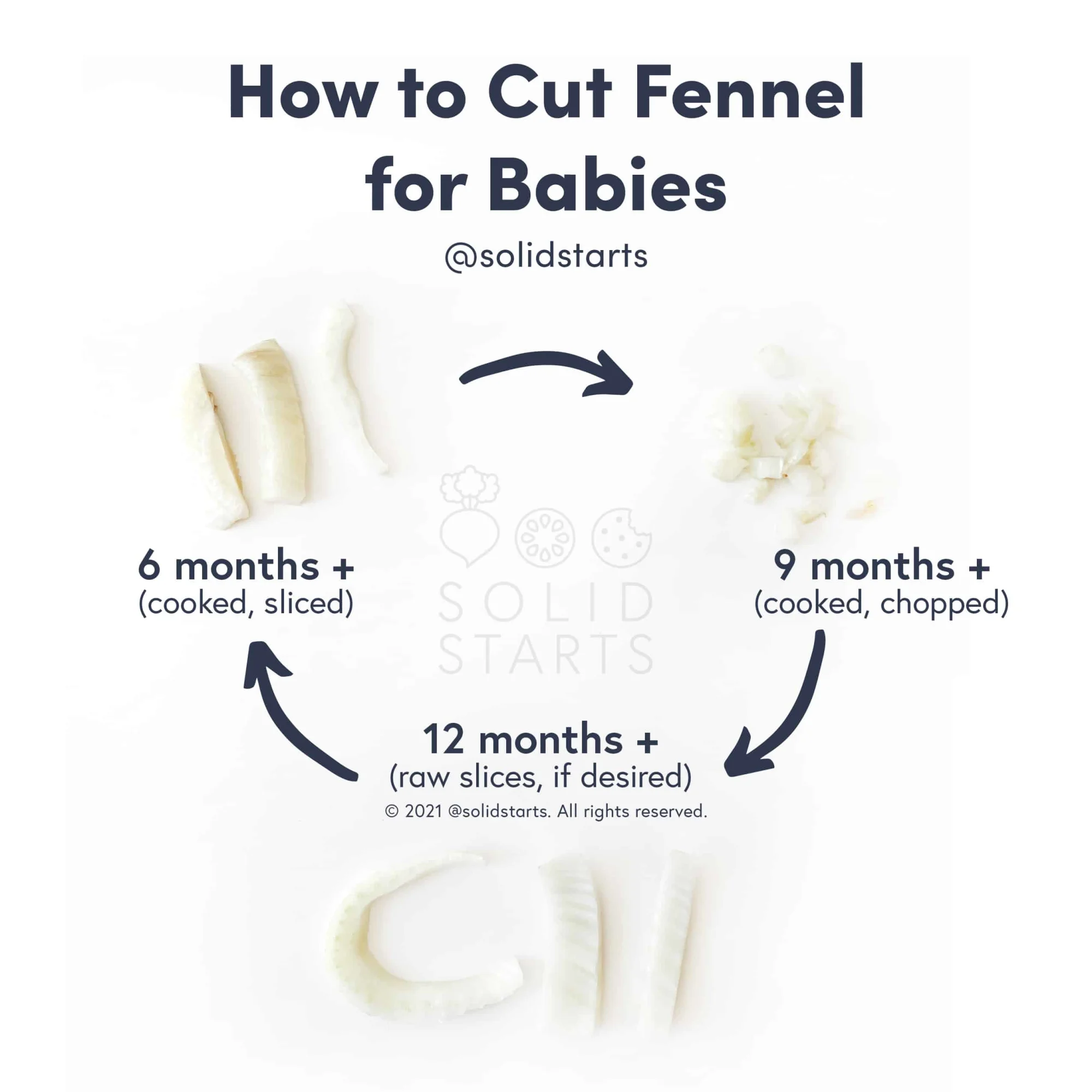 an infographic that reads how to cut fennel for babies and shows strips of cooked fennel for 6 months and up, small pieces of cooked fennel for 9 mos and up and raw for 12 mos and up