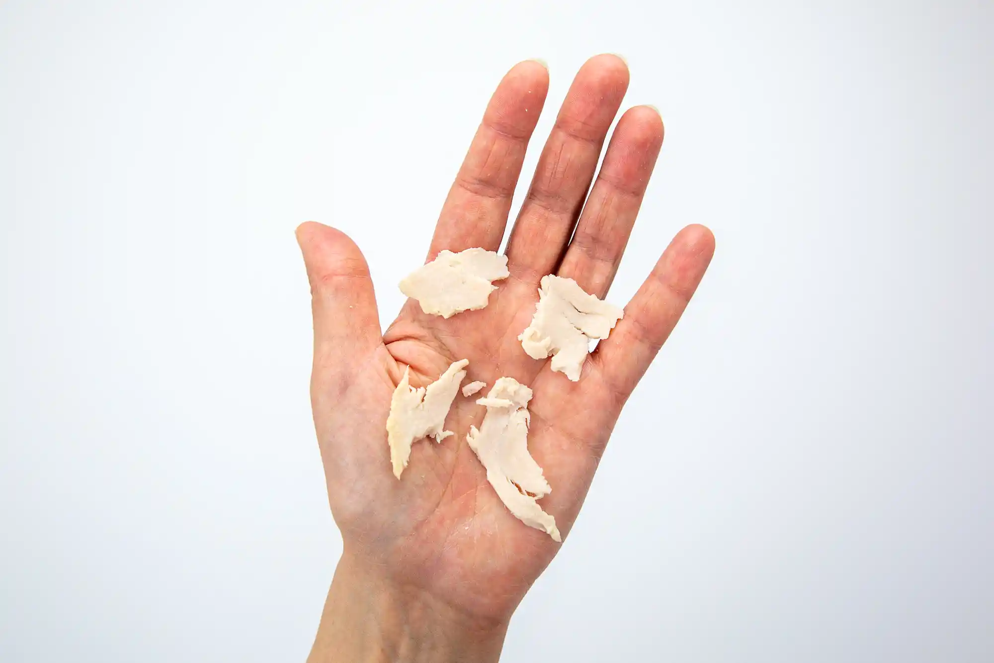 a photograph of a hand holding a few flat torn shreds of deli meat in the palm