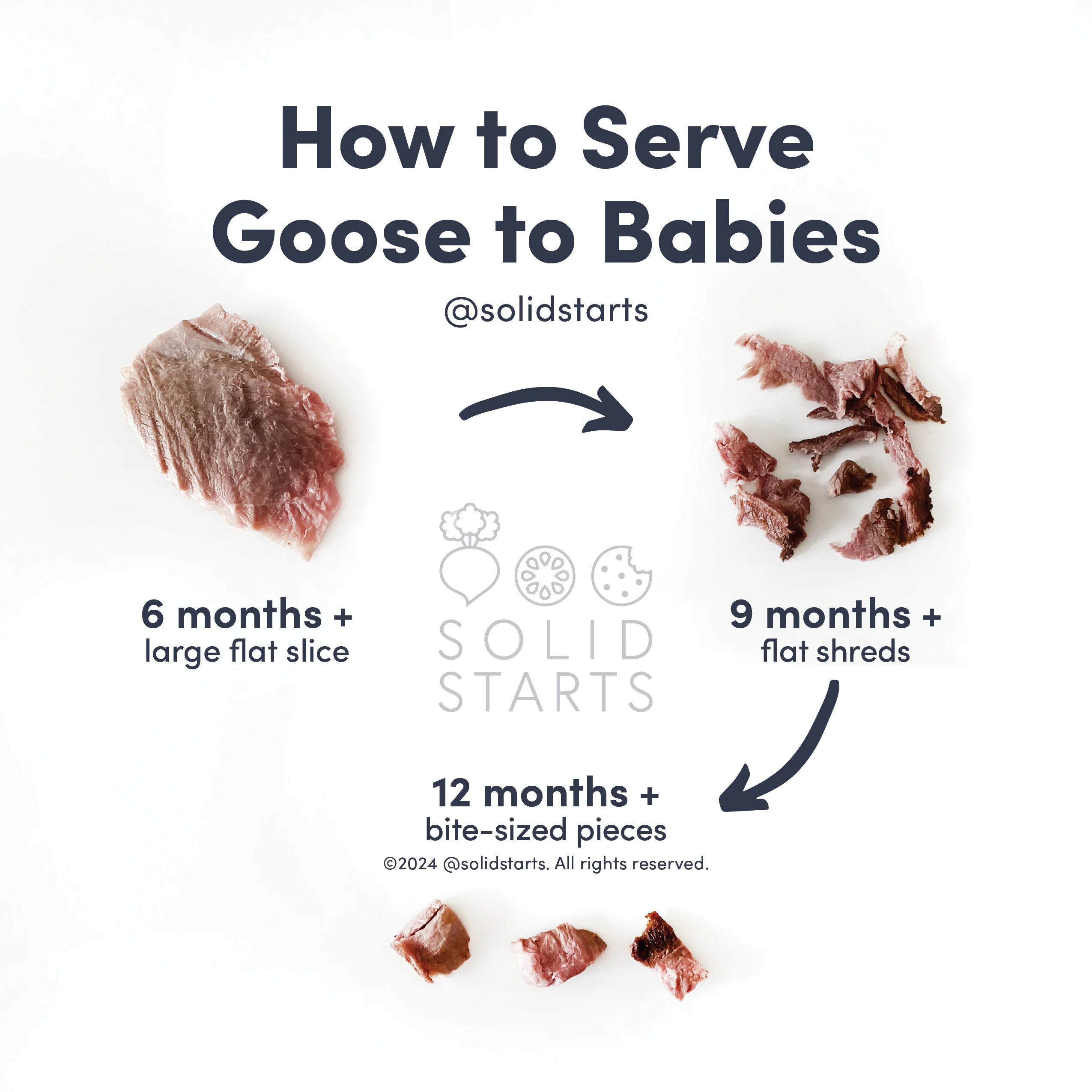 a Solid Starts infographic with the header How to Serve Goose to Babies: large flat slice for 6 mos+, flat shreds for 9 mos+, and bite-sized pieces for 12 mos+