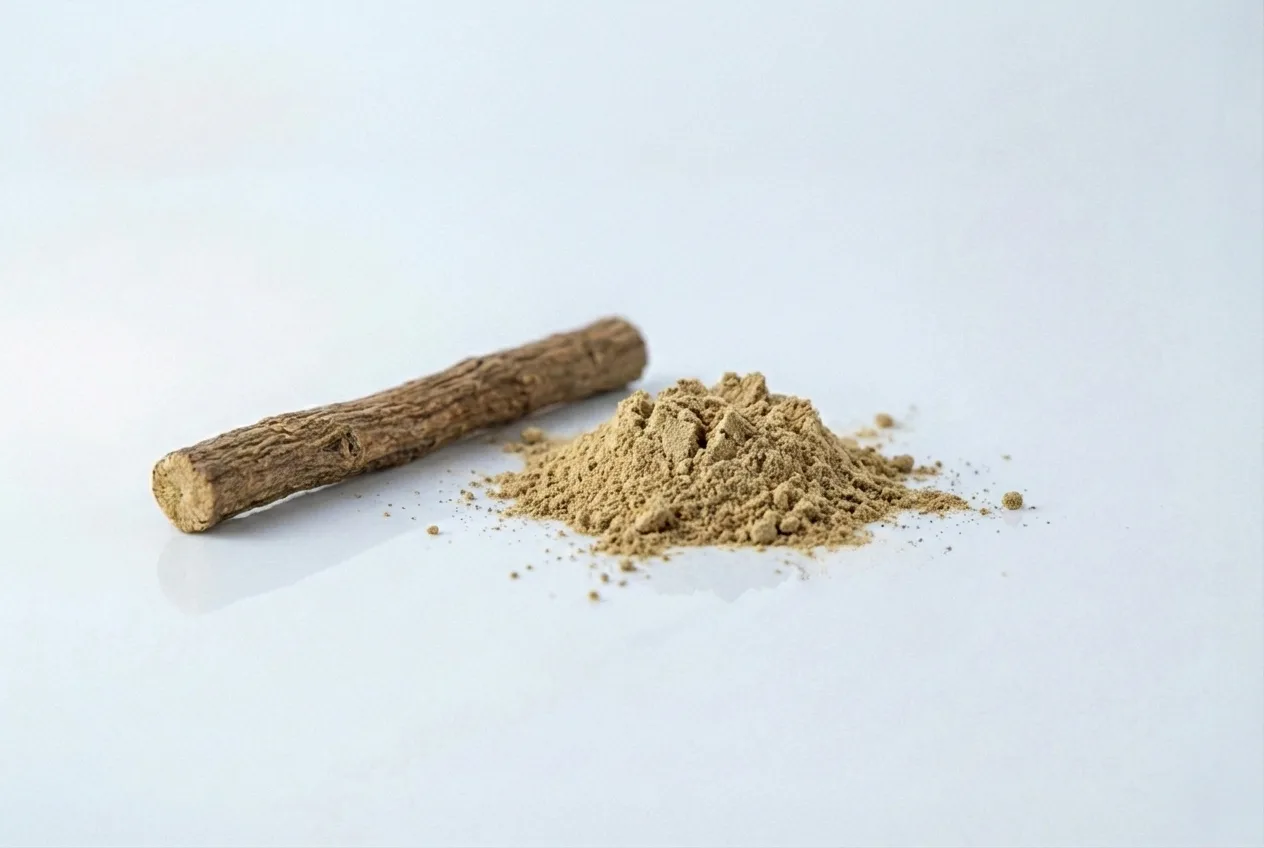 a photograph of a whole licorice root next to a small pile of licorice root powder