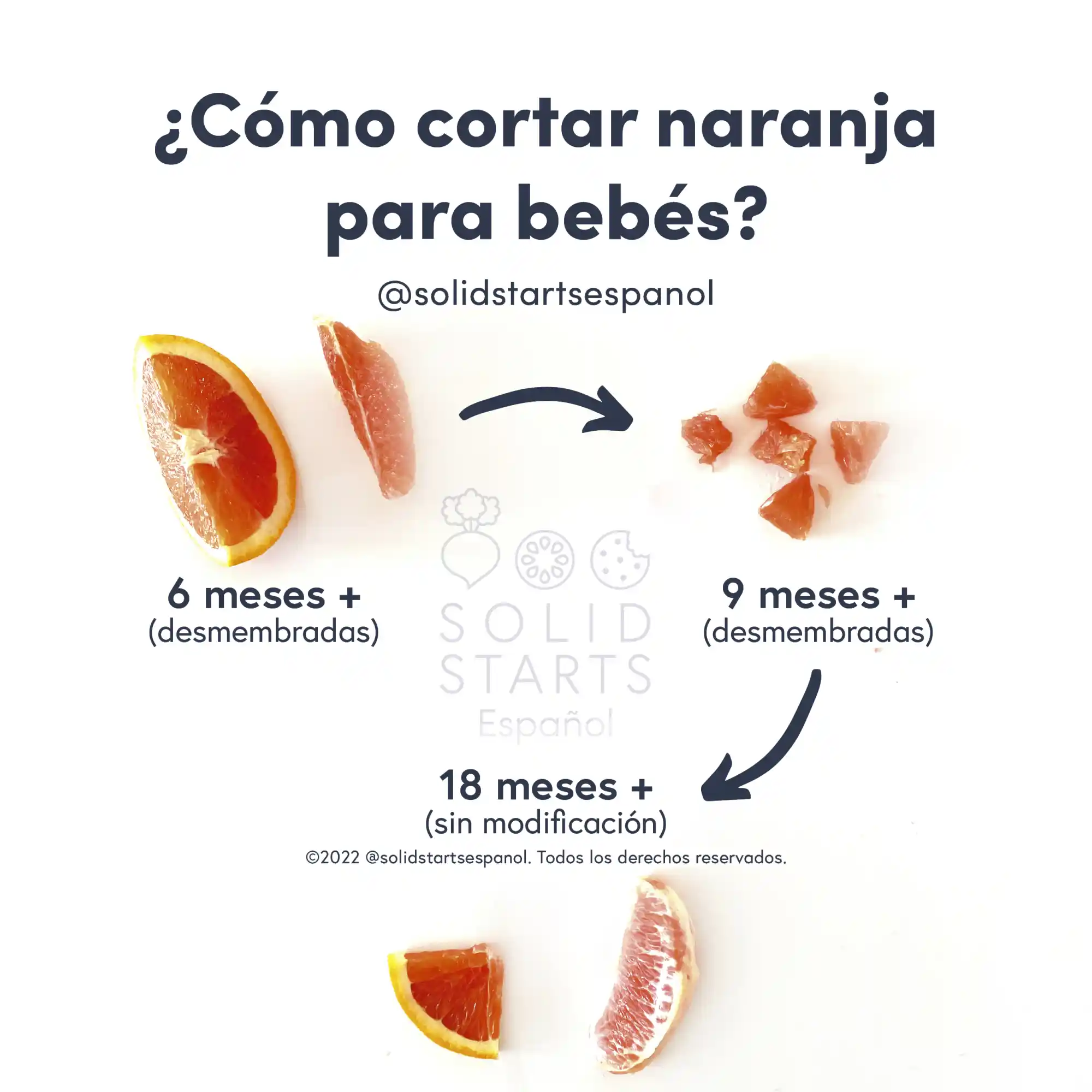 an infographic with the header "how to cut oranges for babies": washed wedges with the peel on and seeds and membrane removed for 6 months+, bite-sized pieces with membrane removed for 9 months+, slices with peel on or with membrane intact for 18 months+