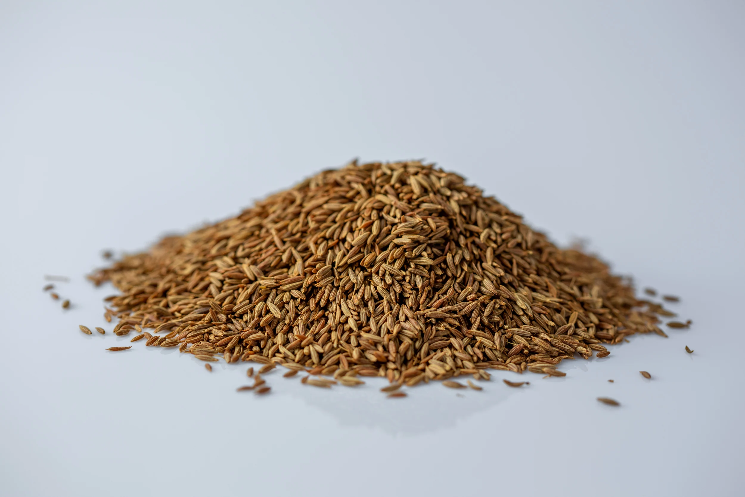 a small pile of cumin seeds on a white background