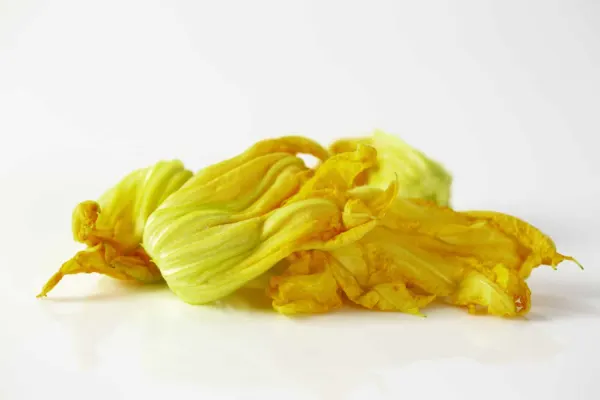 a pile of fresh squash blossoms on a white background