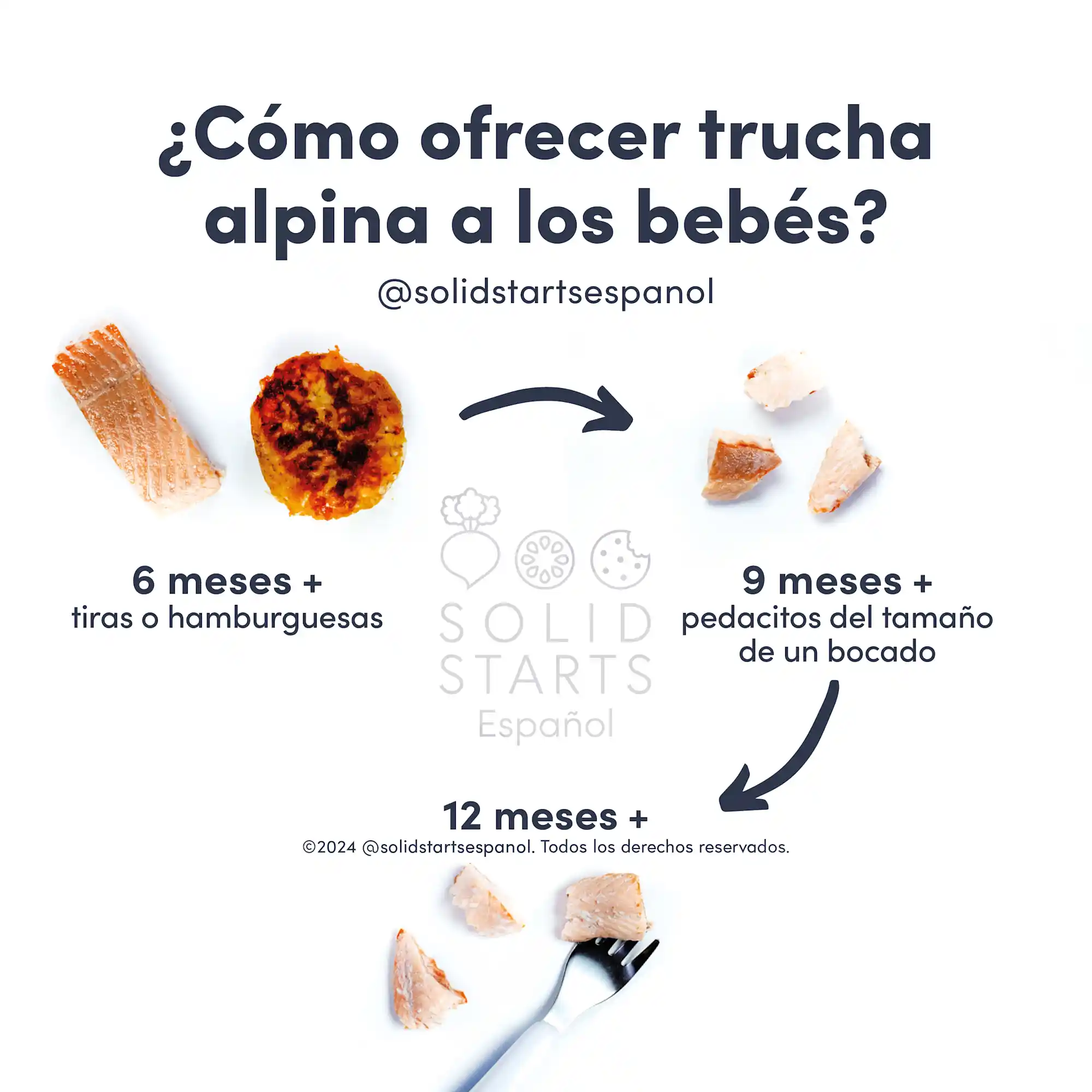 a Solid Starts infographic with the header How to Serve Arctic Char to Babies: long strips or fish patties for 6 mos+, bite-sized pieces for 9 mos +, and with a fork for 12 mos+