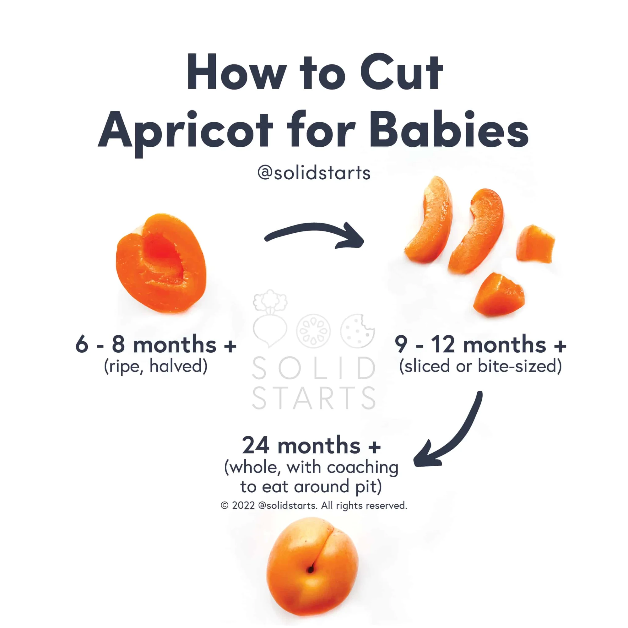 a Solid Starts infographic with the header How to Cut Apricot for Babies: ripe, pitted half for 6-8 mos+, thin slices or bite size pieces for 9-12 mos+,