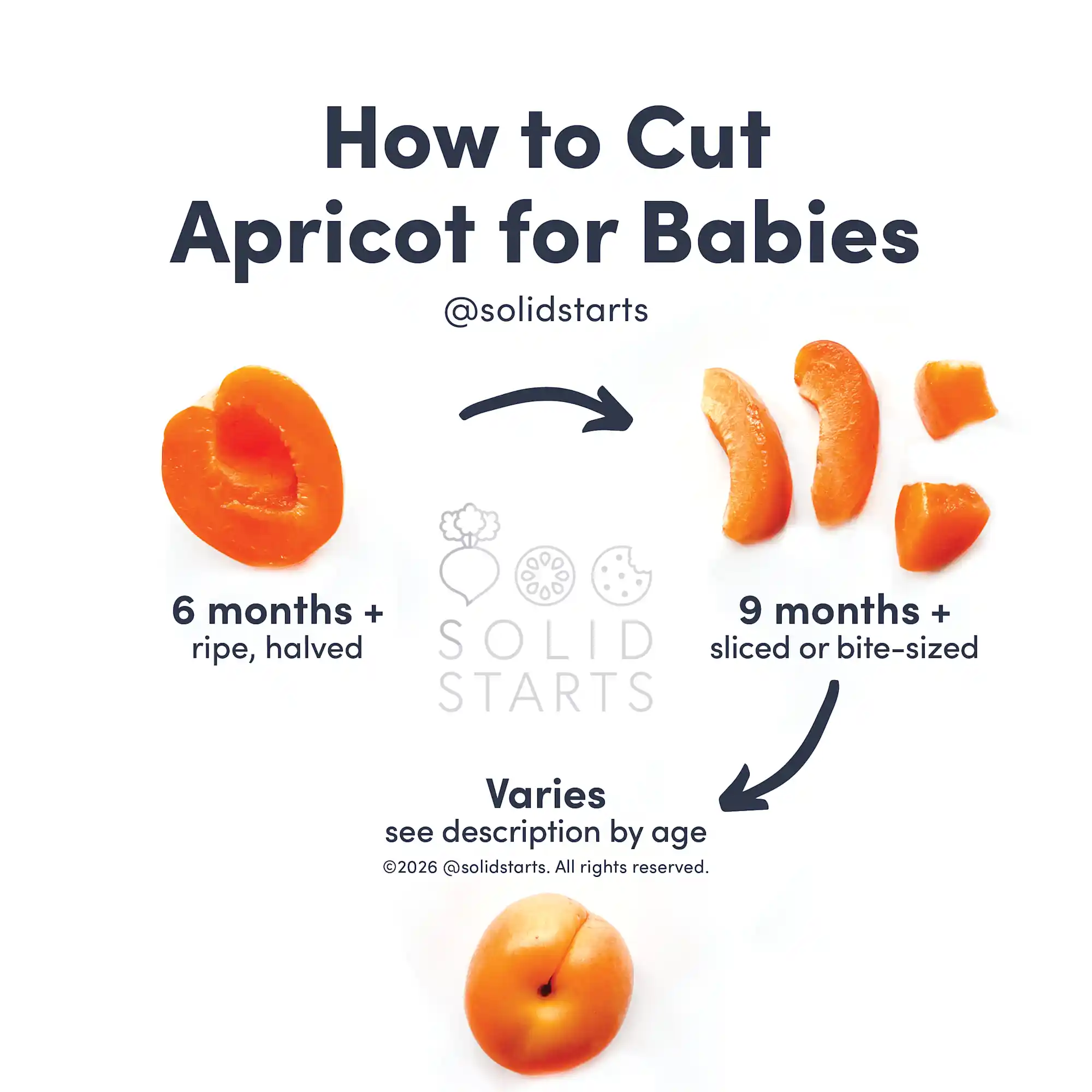 a Solid Starts infographic with the header How to Cut Apricot for Babies: ripe, pitted half for 6-8 mos+, thin slices or bite size pieces for 9-12 mos+,