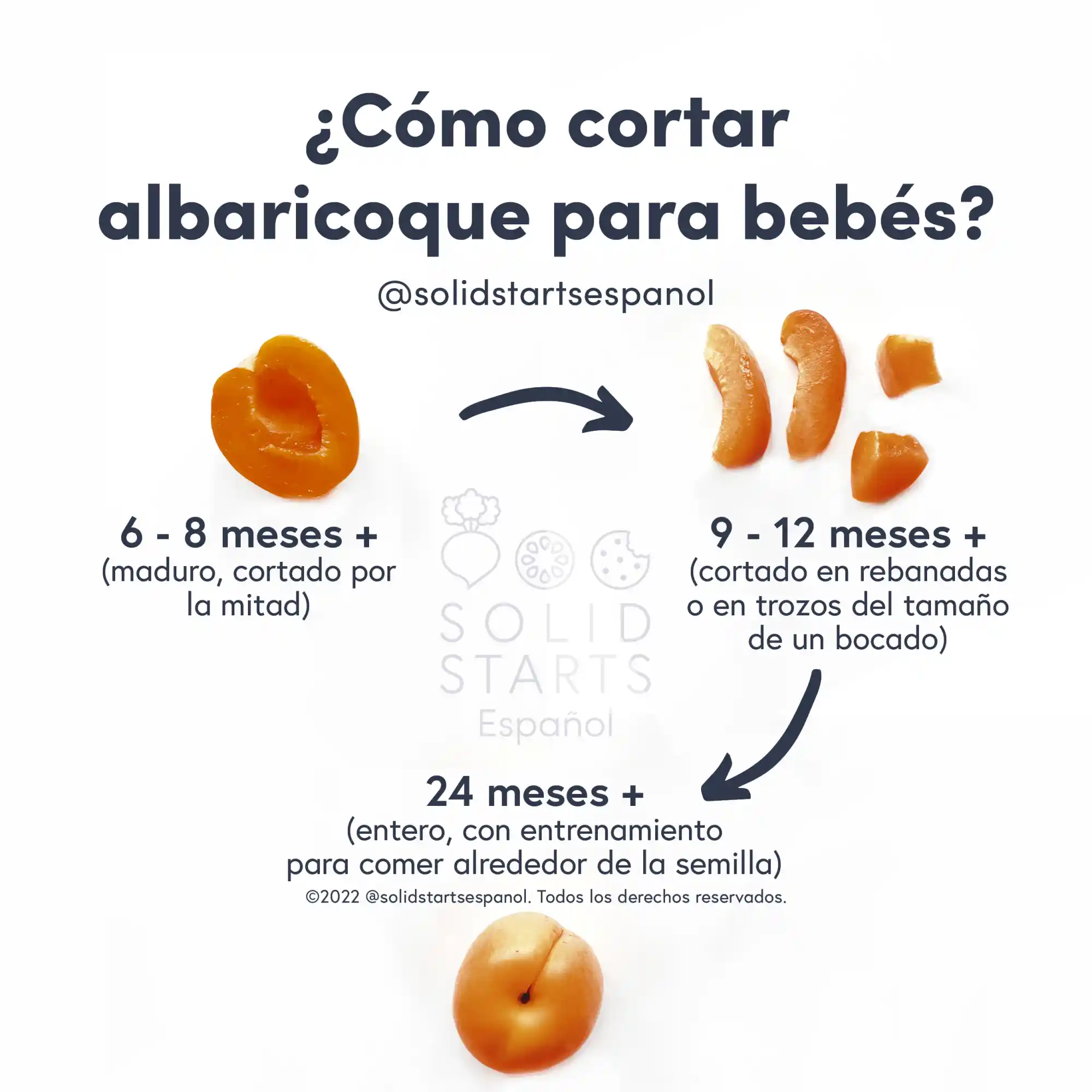 a Solid Starts infographic with the header How to Cut Apricot for Babies: ripe, pitted half for 6-8 mos+, thin slices or bite size pieces for 9-12 mos+,