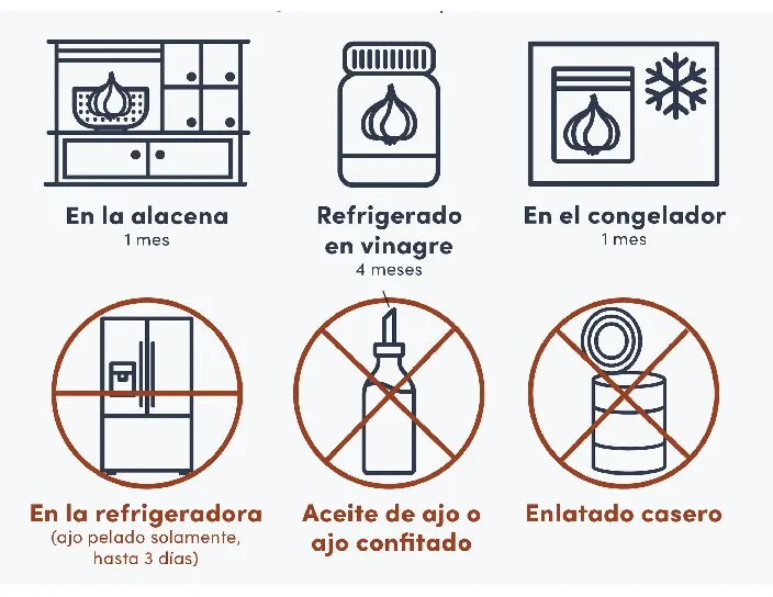 An infographic of how to store garlic showing no storage in oil