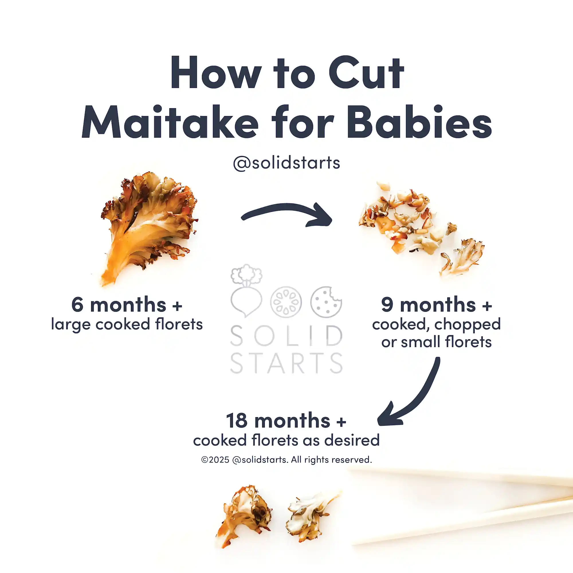 a Solid Starts infographic with the header How to Cut Maitake for Babies: large cooked florets for 6-8 months, small florets or bite-sized cooked pieces for 9 months+, and larger cooked florets with chopsticks for 18 months+