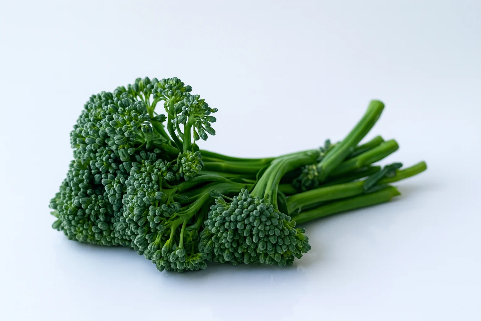 a photograph of a bunch of raw broccolini on a white background