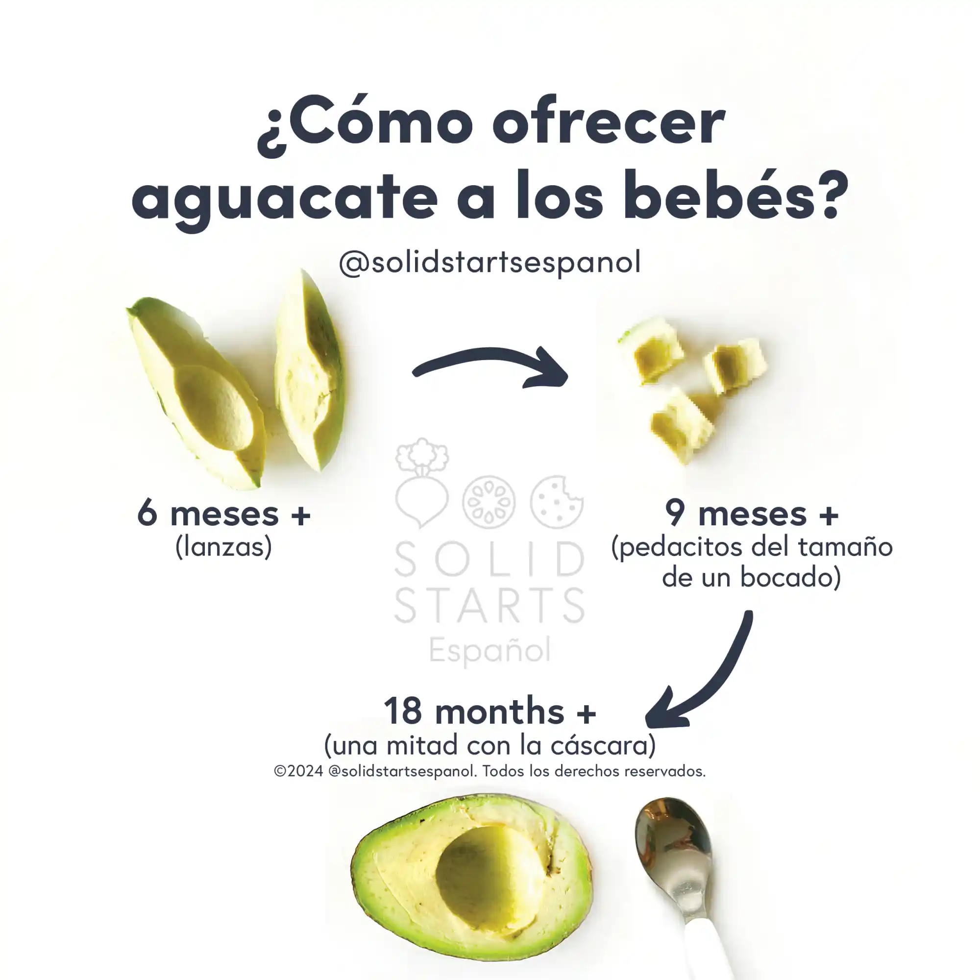 infographic titled "How to Cut Avocado for Babies" showing images of avocado for different age ranges. For 6+ months, image of two peeled, quartered avocado slices. For 9 months+, image of bite-sized avocado pieces. For 18+ months, image of half an avocado