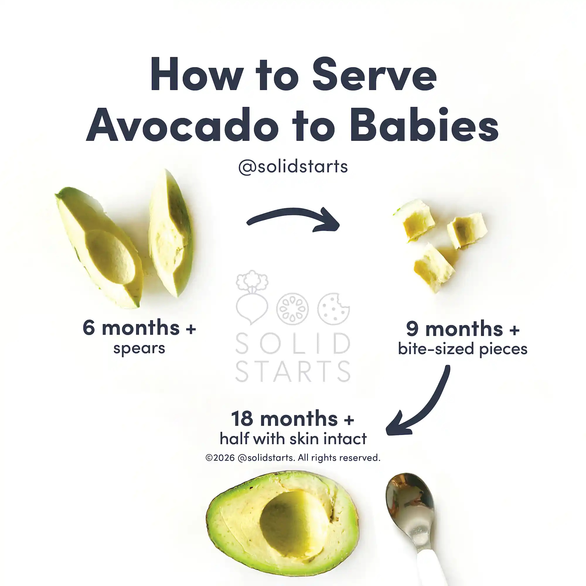 infographic titled "How to Cut Avocado for Babies" showing images of avocado for different age ranges. For 6+ months, image of two peeled, quartered avocado slices. For 9 months+, image of bite-sized avocado pieces. For 18+ months, image of half an avocado