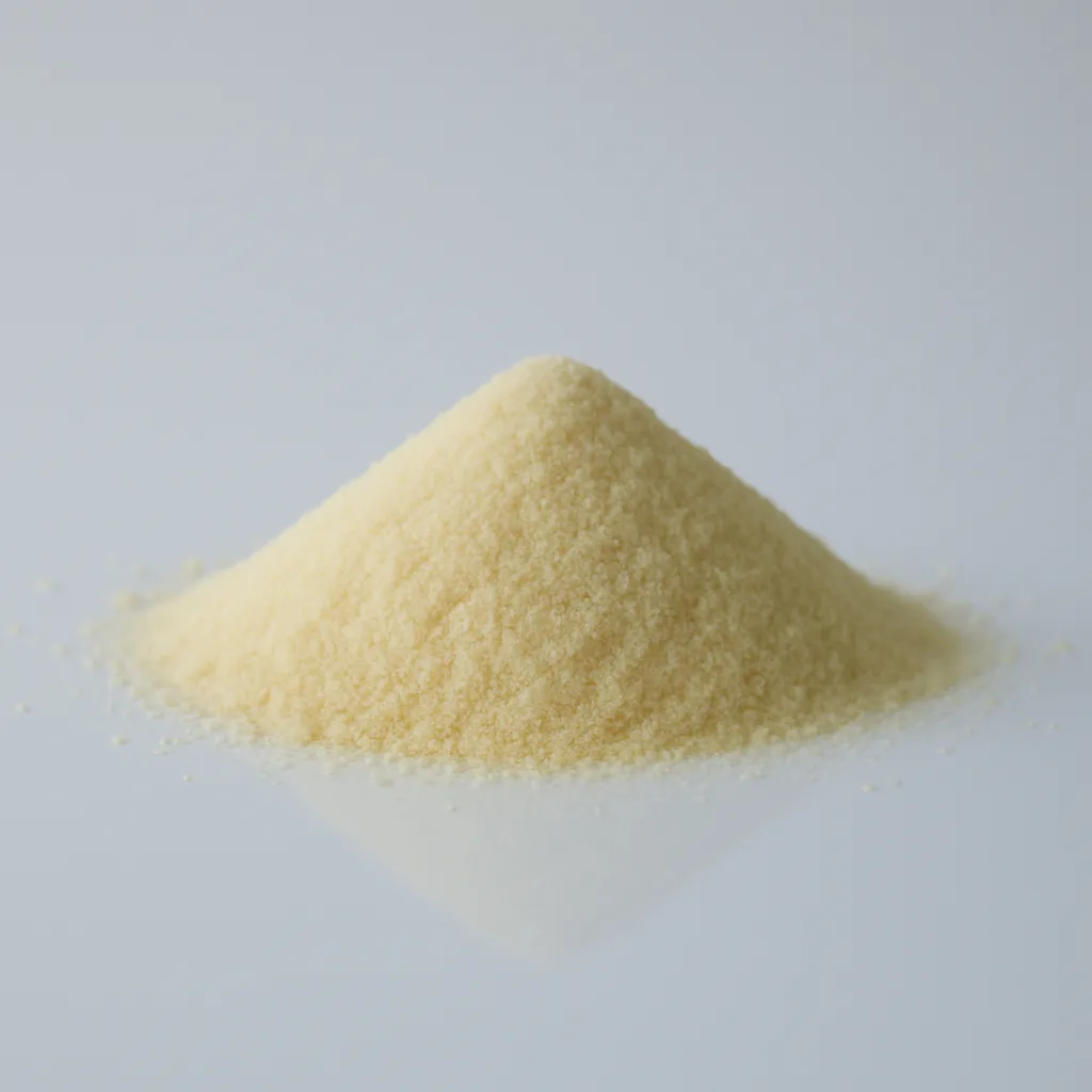 a photograph of a small pile of uncooked semolina on a white reflective surface