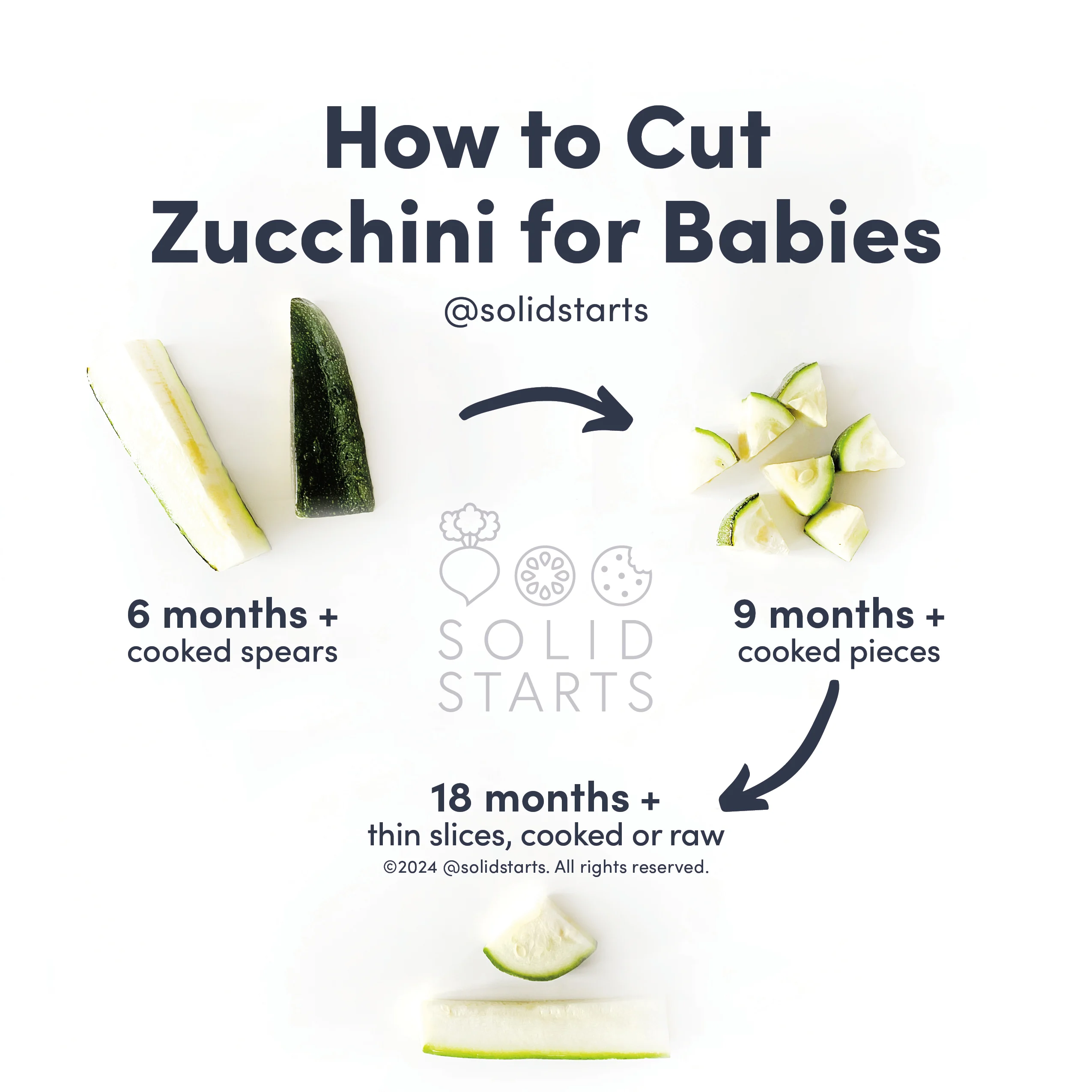 an infographic showing how to cut zucchini for babies by age: cooked spears for 6 months+, cooked bite size pieces for 9 months+, cooked or raw for 12 months+