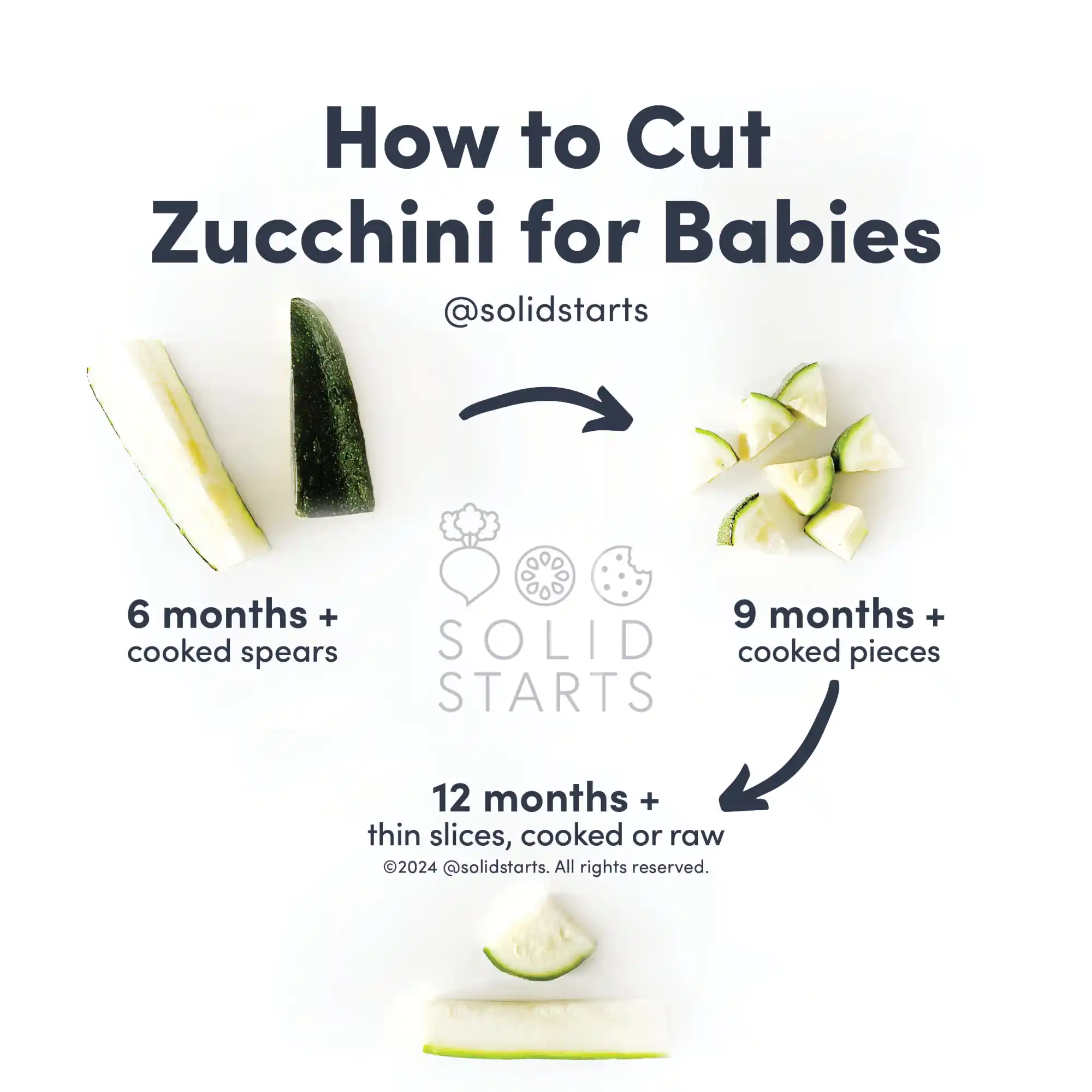 an infographic showing how to cut zucchini for babies by age: cooked spears for 6 months+, cooked bite size pieces for 9 months+, cooked or raw for 12 months+