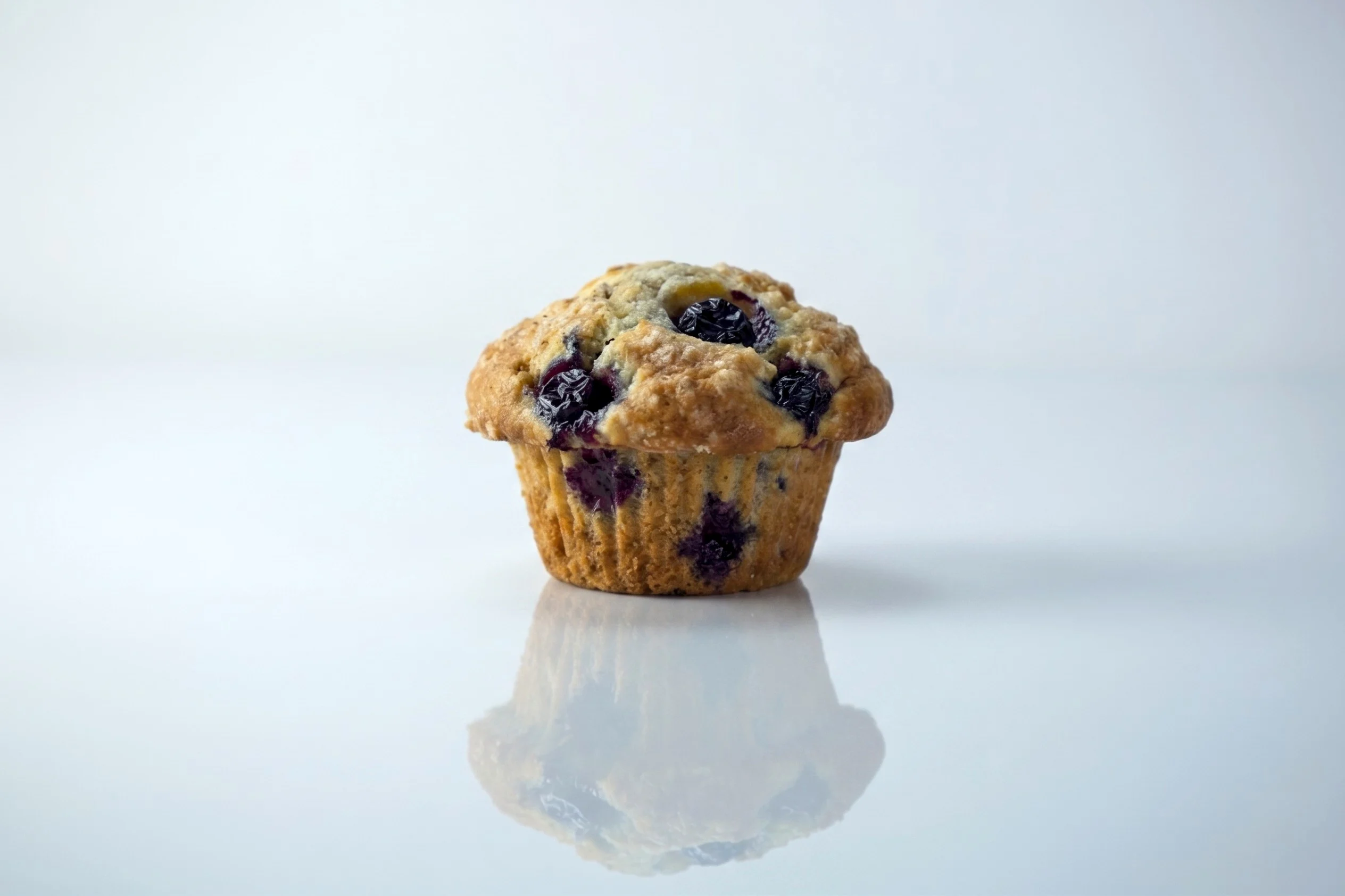 A single blueberry muffin with a golden-brown top and visible blueberries on a white reflective surface against a light grey background.
