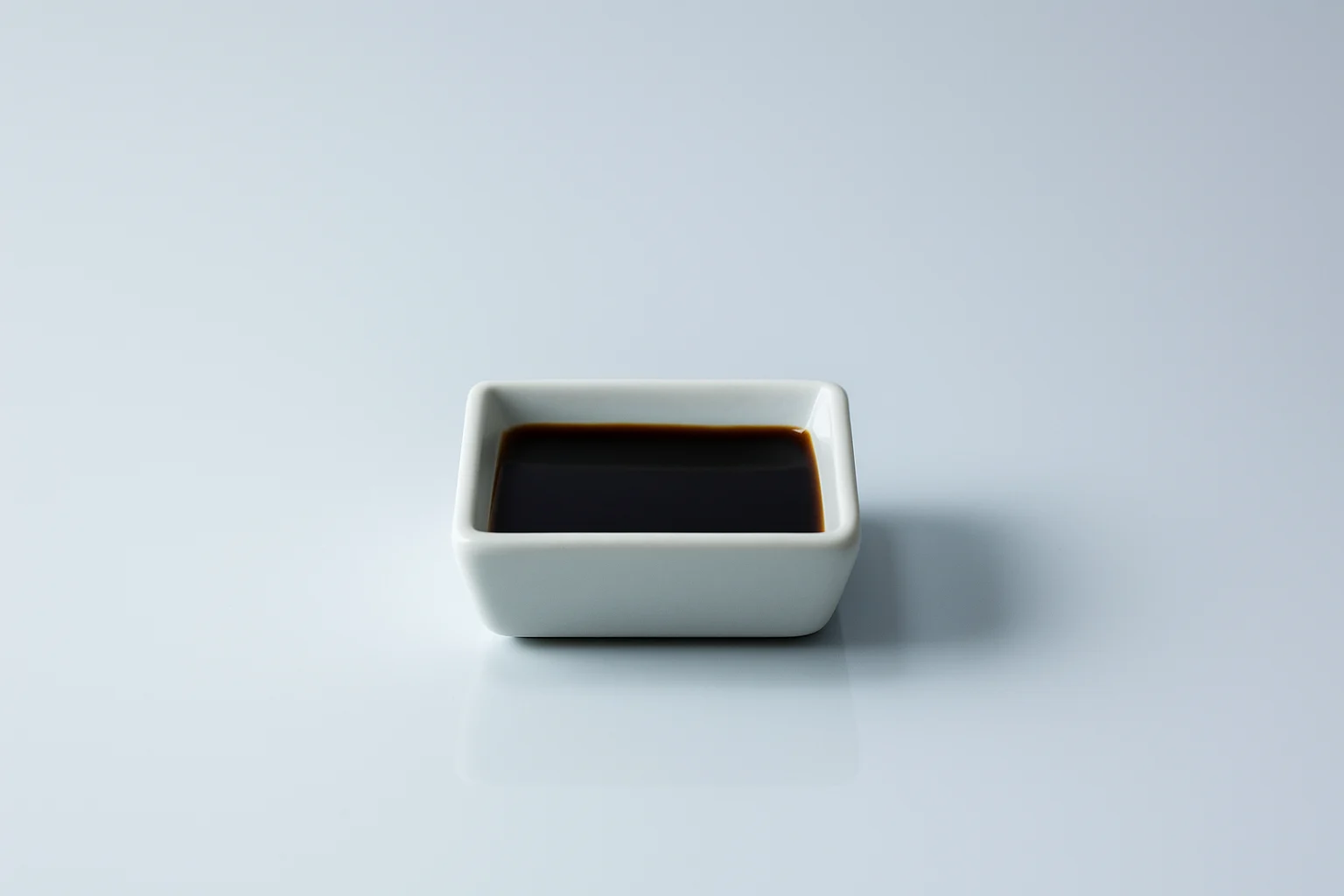 a small square white dish filled with tamari on a white background