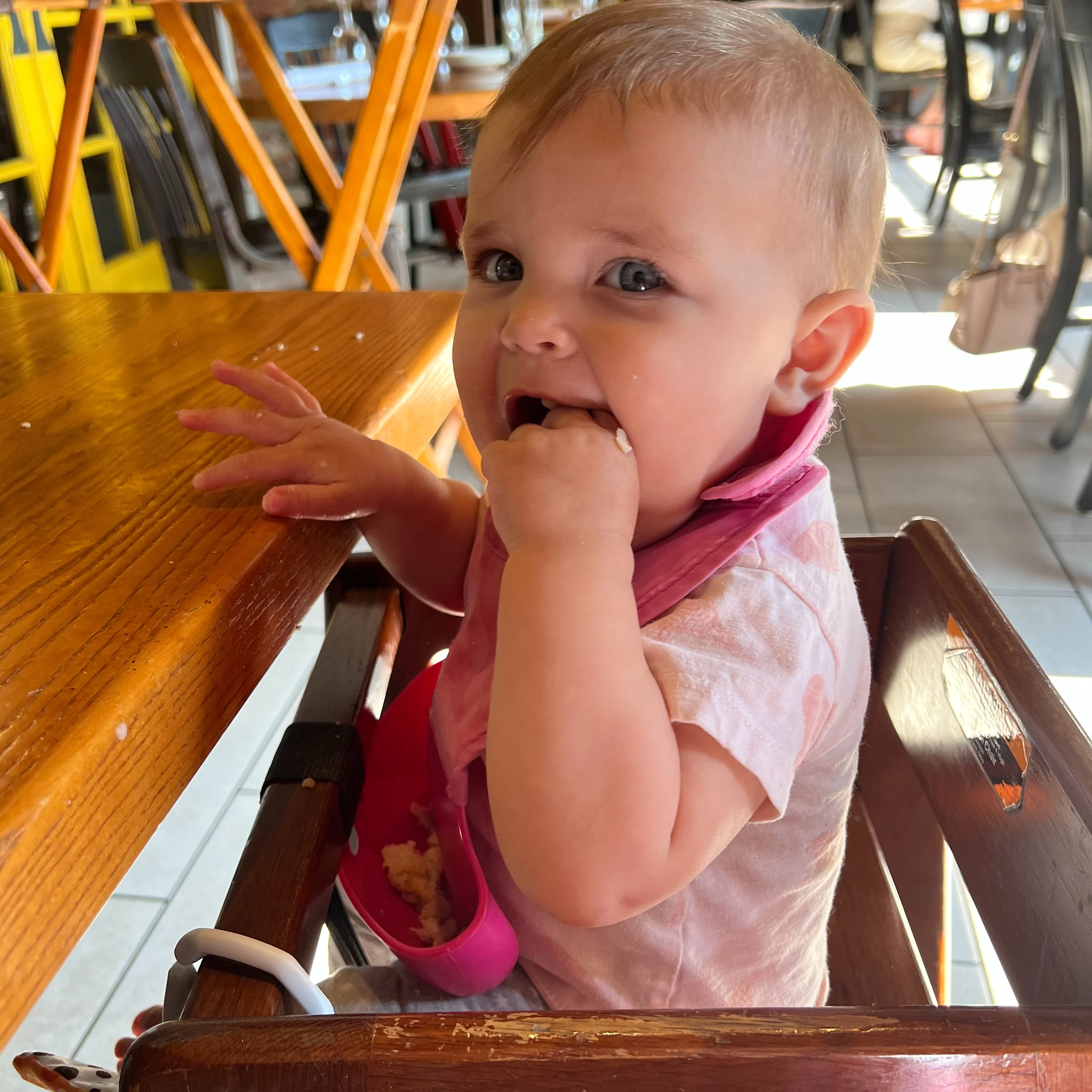 Blythe eating at a restaurant