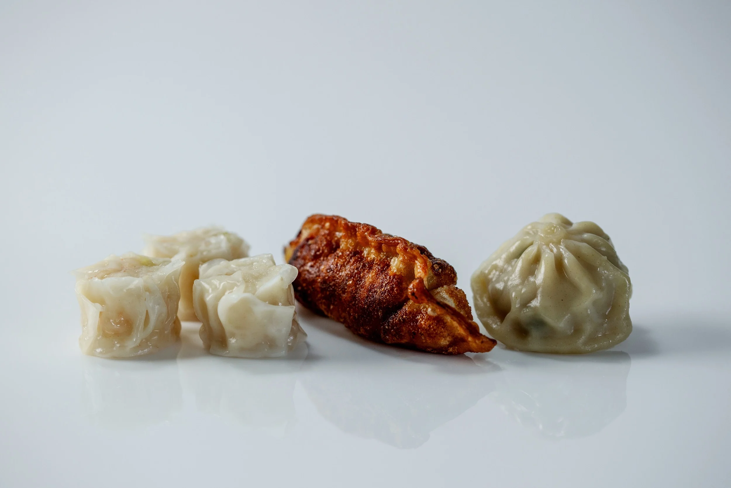 a photograph of three different kinds of cooked dumplings on a white background