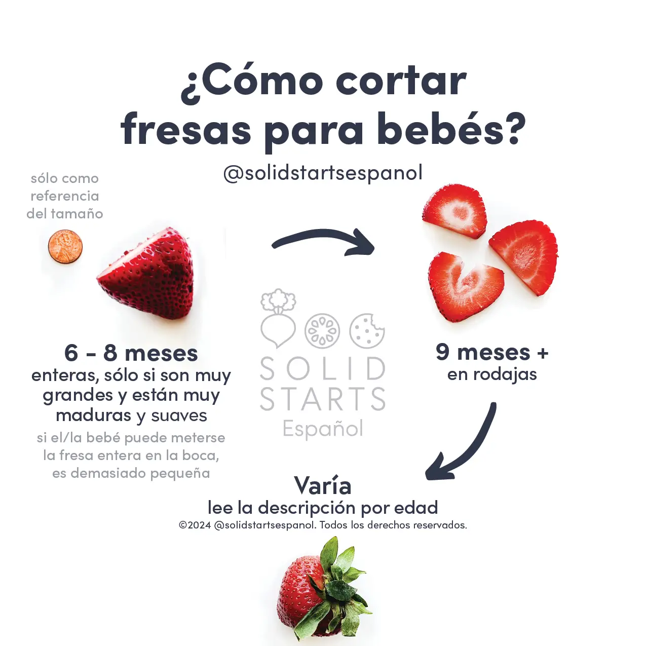 A Solid Starts infographic showing how to cut strawberries by baby's age, showing large berries for 6 to 9 mos, sliced berries for 9 mos+ and whole with the stem (optional) for 12 mos+, Berries must be soft and ripe and if serving whole, should be large e