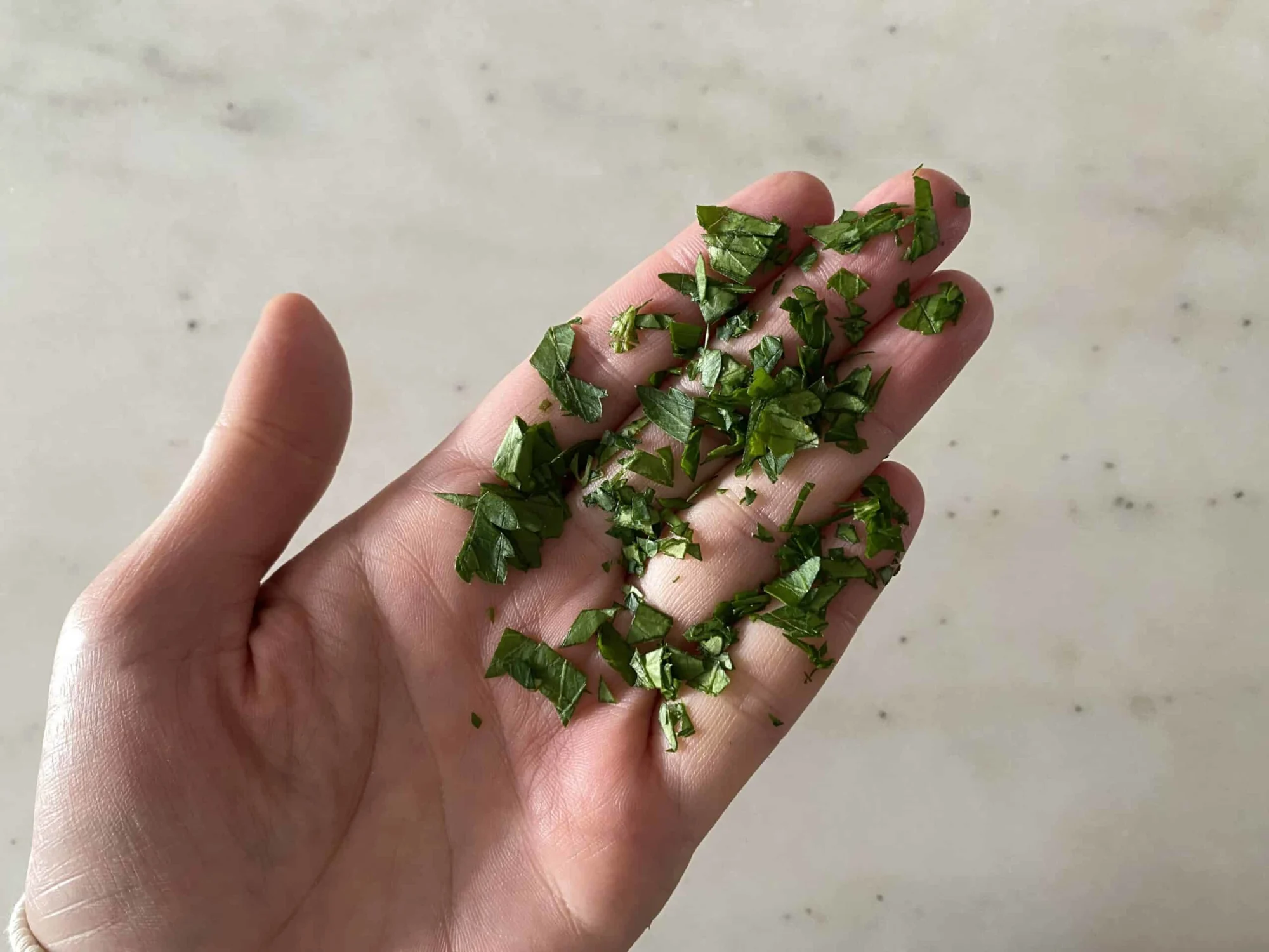 a hand holding minced parsley for babies starting solids