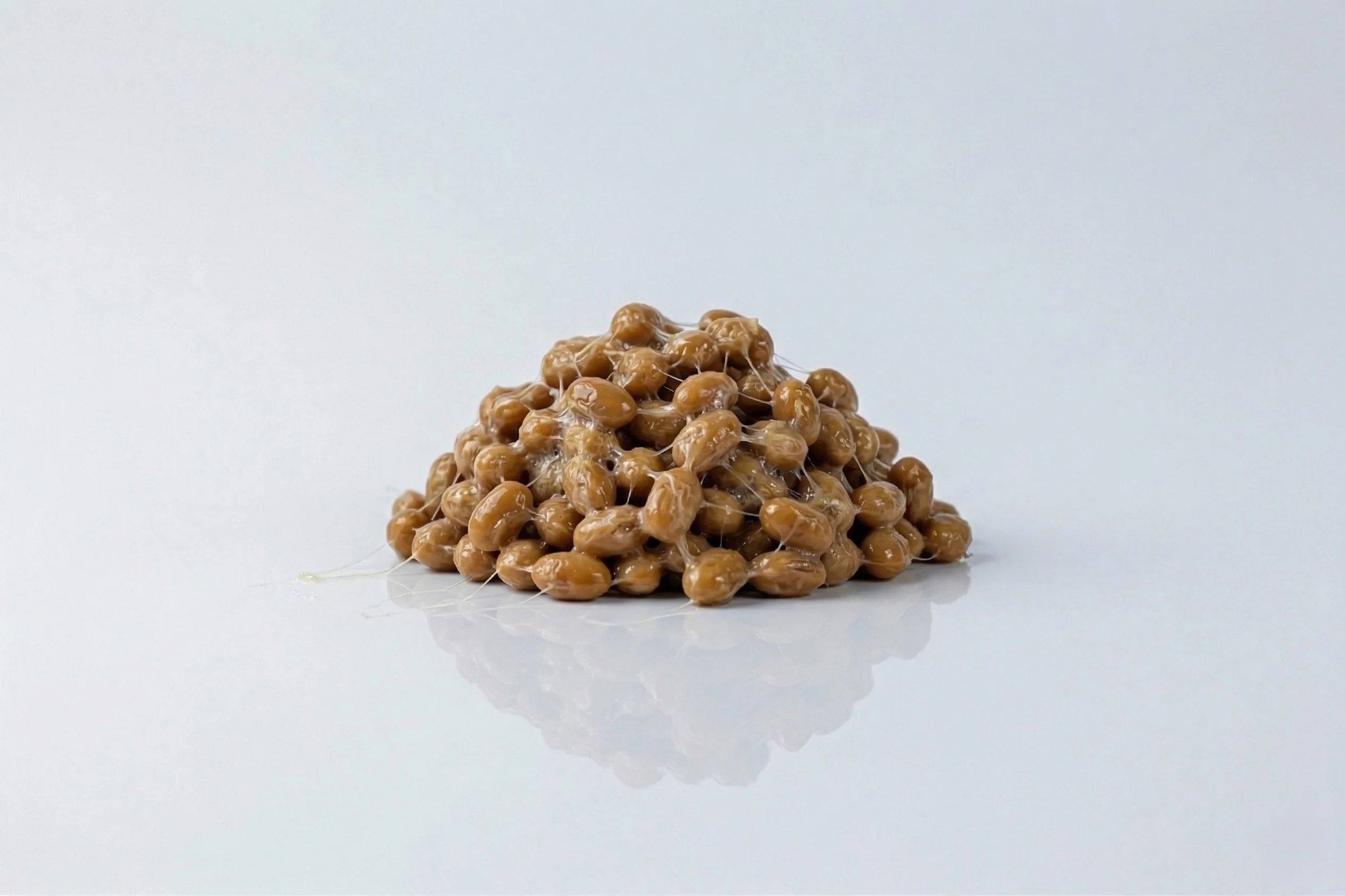 A pile of natto (fermented soybeans) with characteristic sticky, stringy strands between the glossy brown beans, on a white reflective surface against a light grey background.
