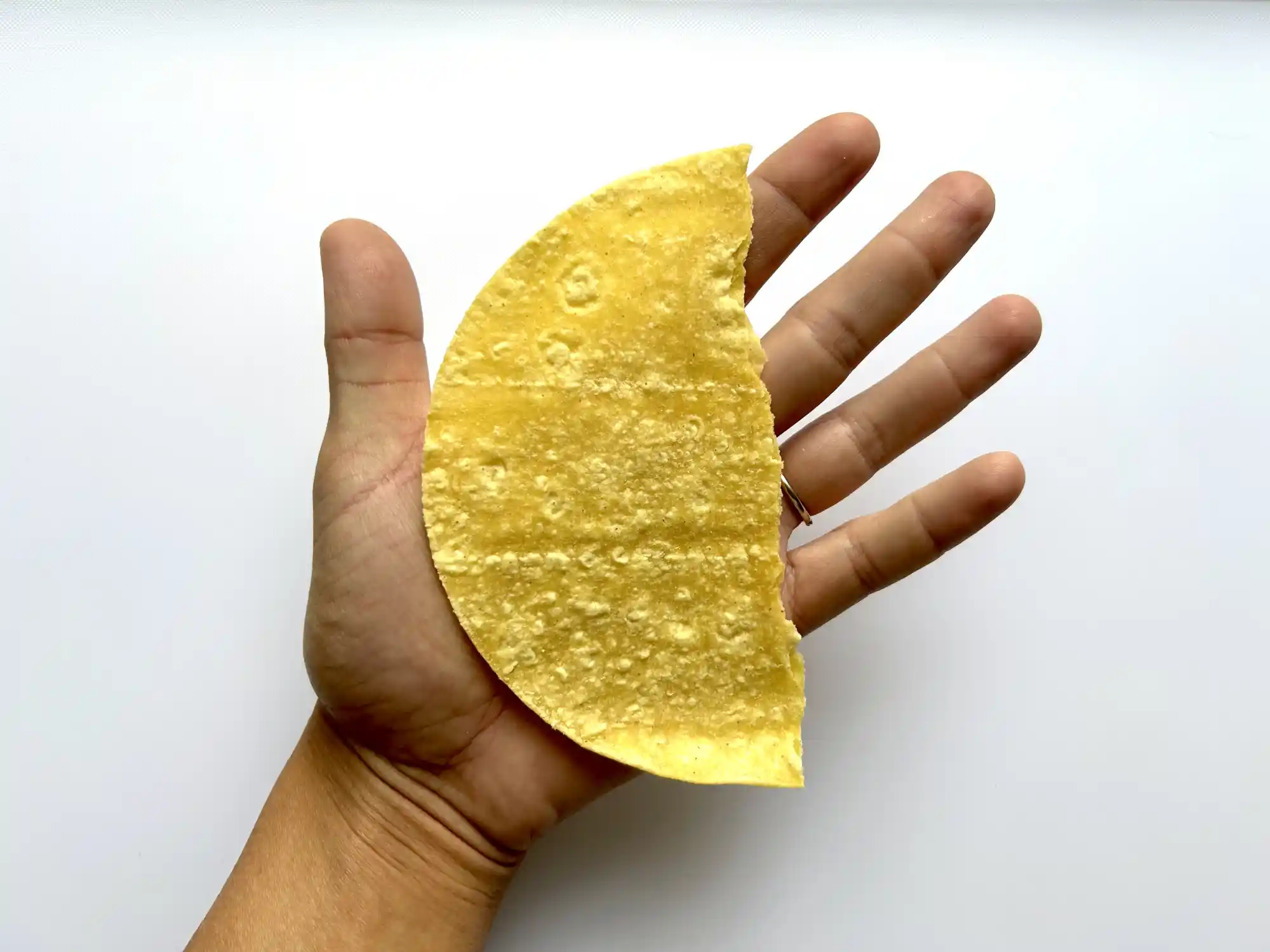 a hand holding half of a soft corn tortilla