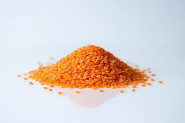 a photograph of a small pile of uncooked red lentils on a white background