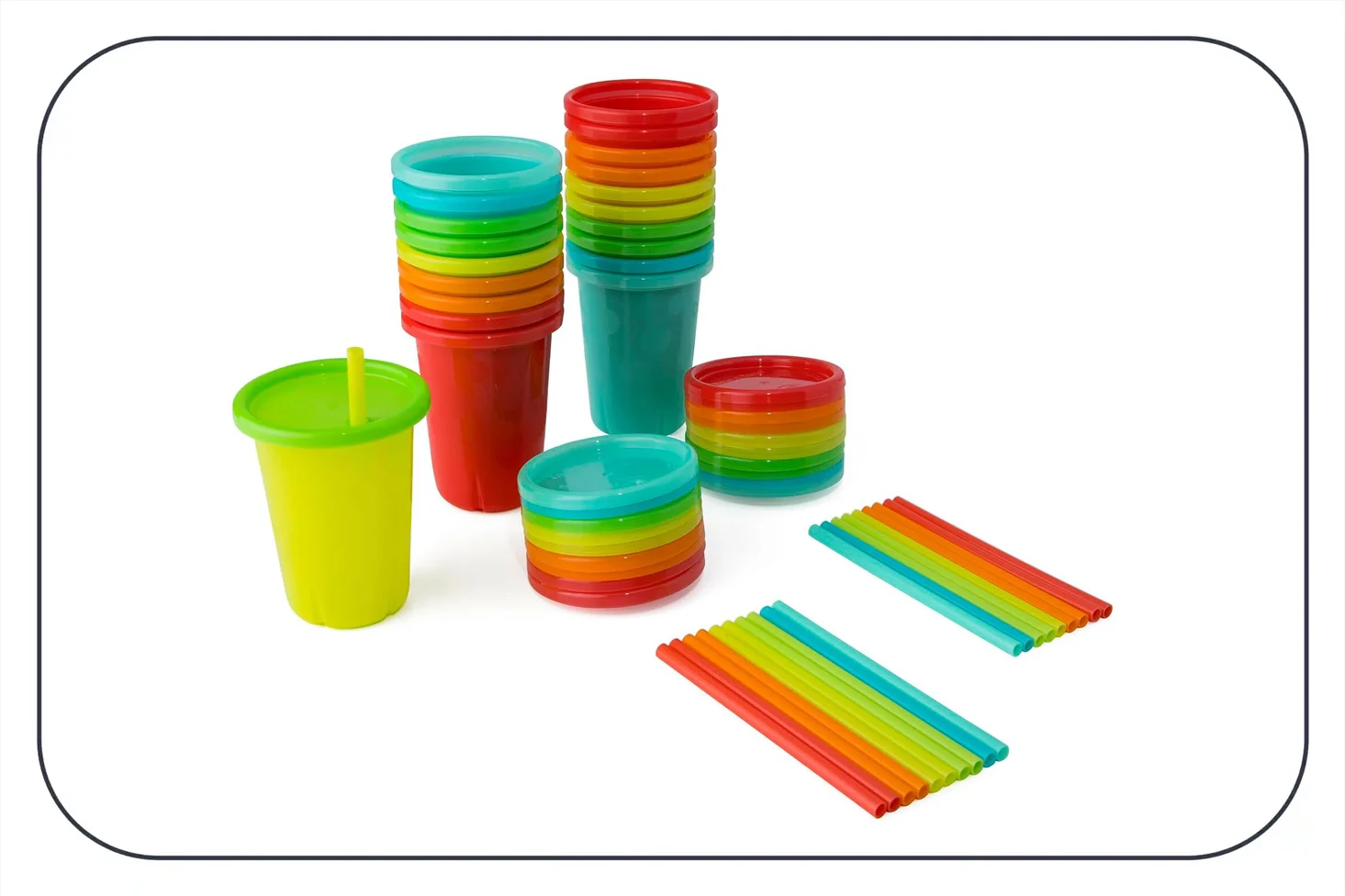 a photograph of rainbow colored plastic straw cups