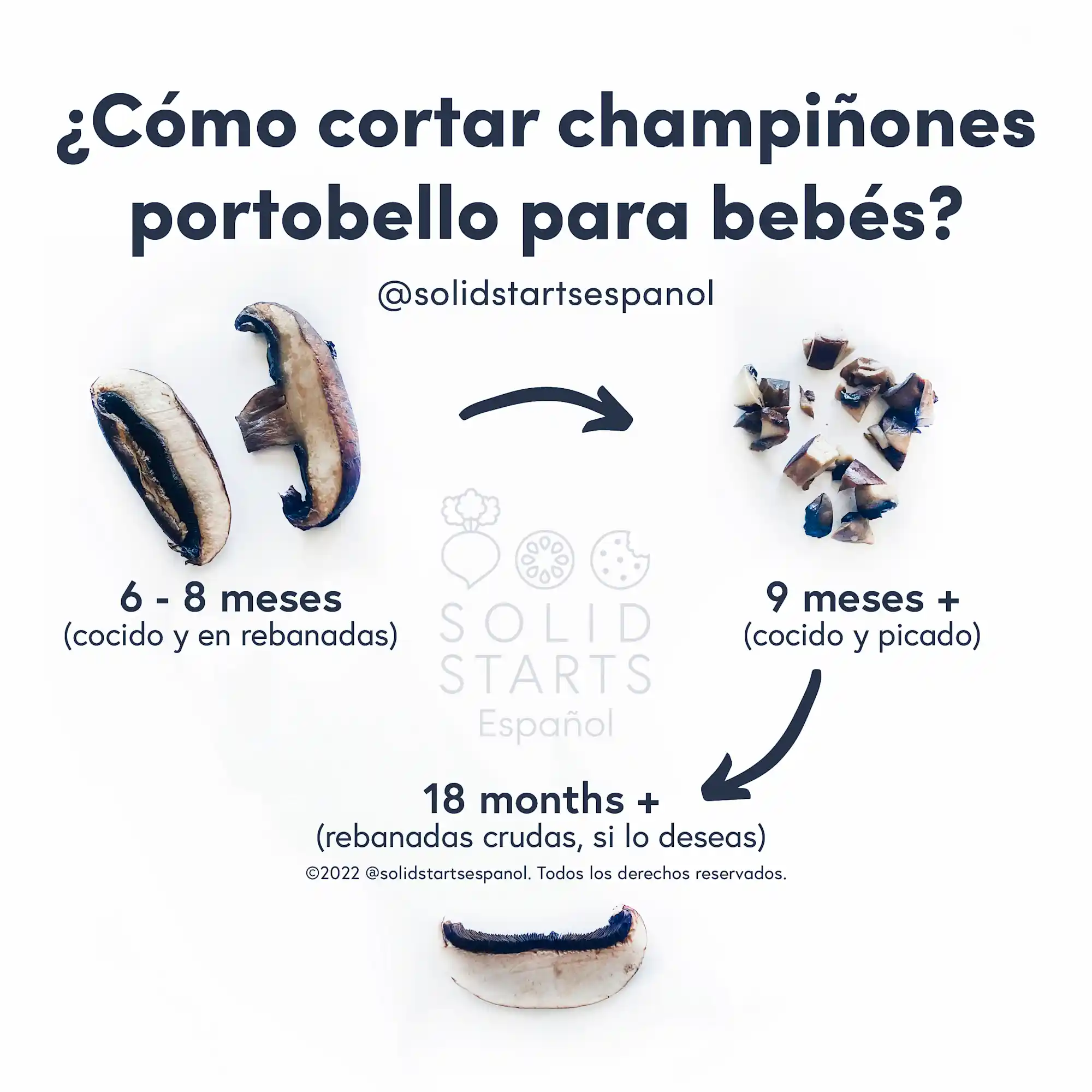a Solid Starts infographic with the header How to Cut Portobello for Babies: cooked slices for 6 mos+, cooked bite size pieces for 9 mos+, raw slices if desired for 18 mos+