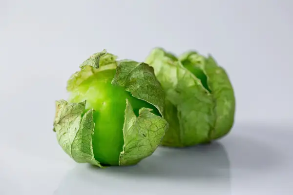 two whole raw tomatillos still in their husks on a white background
