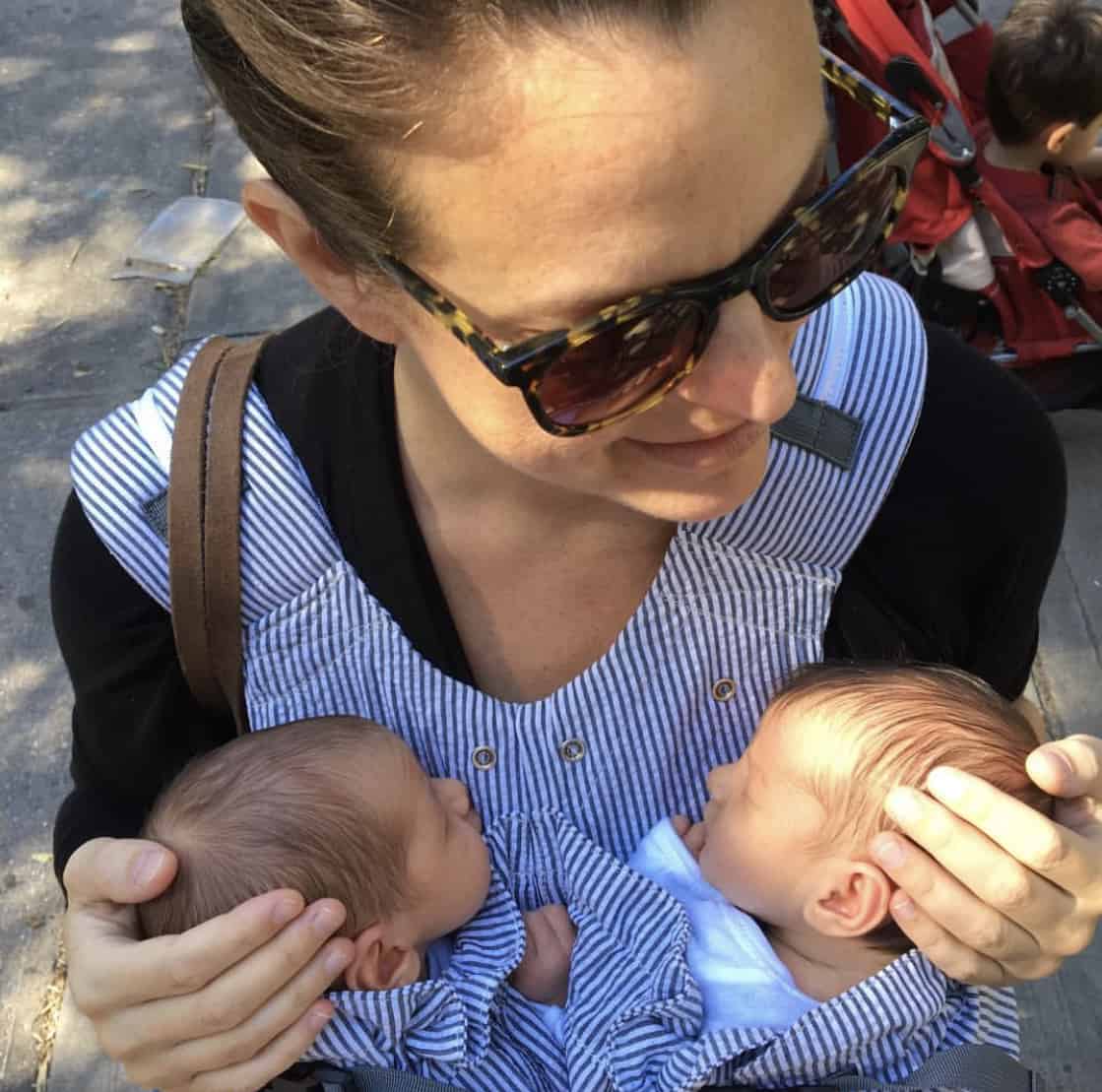 Jenny best carries twin newborns in the WeGo baby carrier