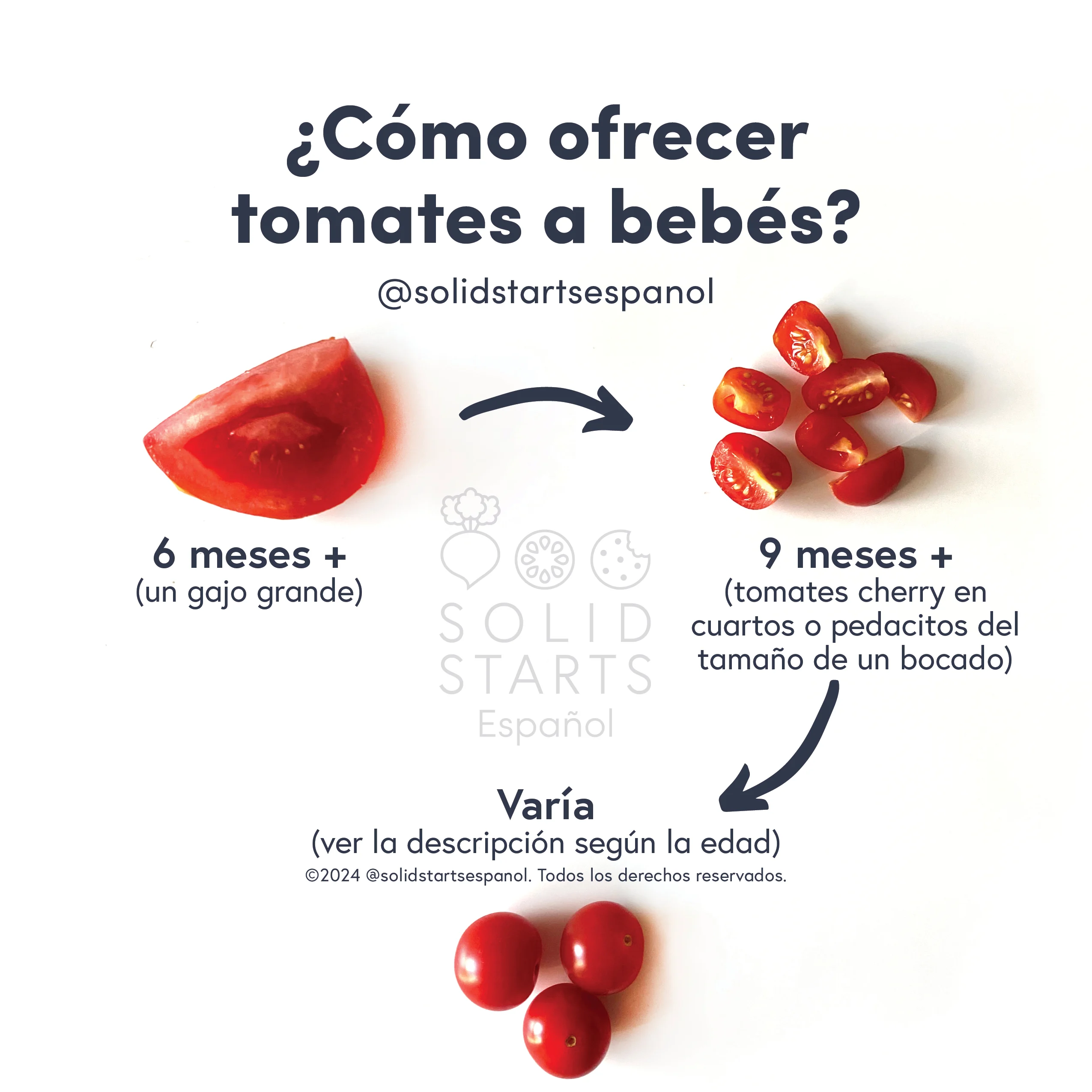 a Solid Starts infographic with the header "How to Cut Tomato for Babies": a large wedge for 6-9 mos, quartered cherry tomatoes for 9-18 mos, and varies for whole cherry or grape tomatoes