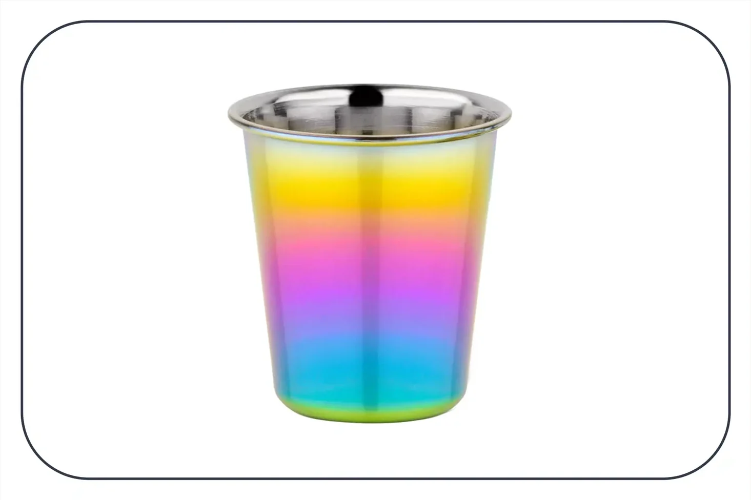 a photograph of a rainbow colored metal open cup