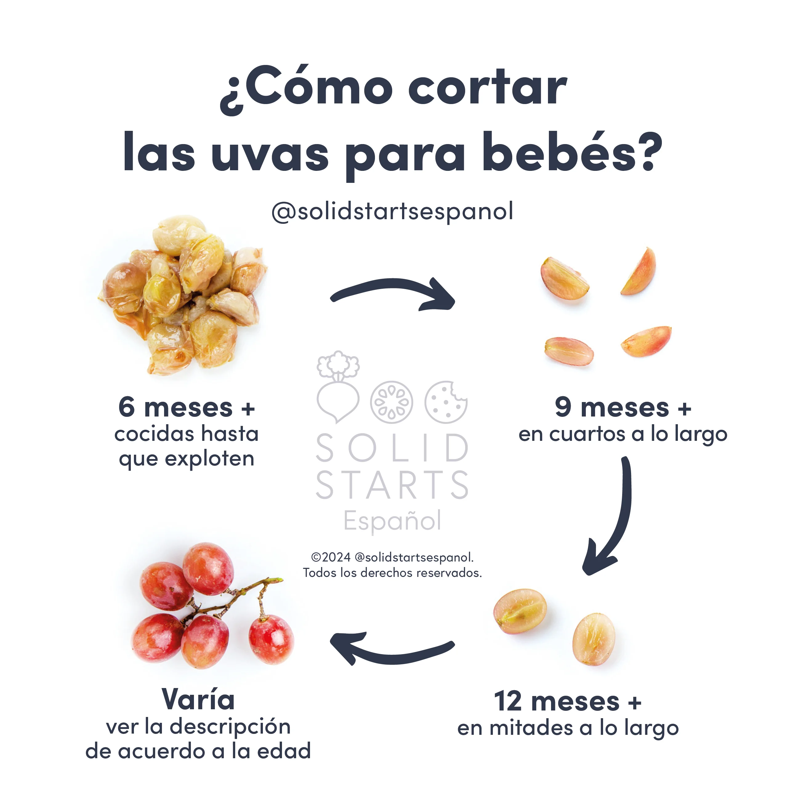 a Solid Starts infographic with the header "How to Cut Grapes for Babies": quartered for 9 mos+, halved for 18 mos+ if consistently showing mature biting and chewing skills, and varies for whole grapes on stem